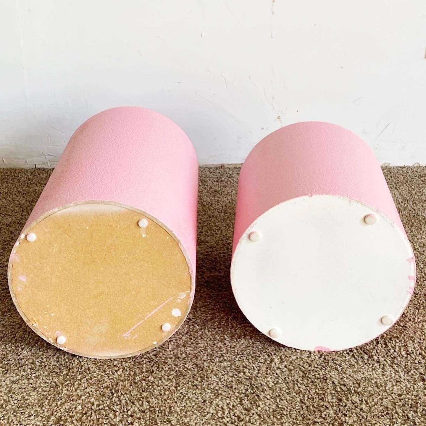 Wood Postmodern Pink Textured Finish Cylindrical Pedestals - a Pair For Sale