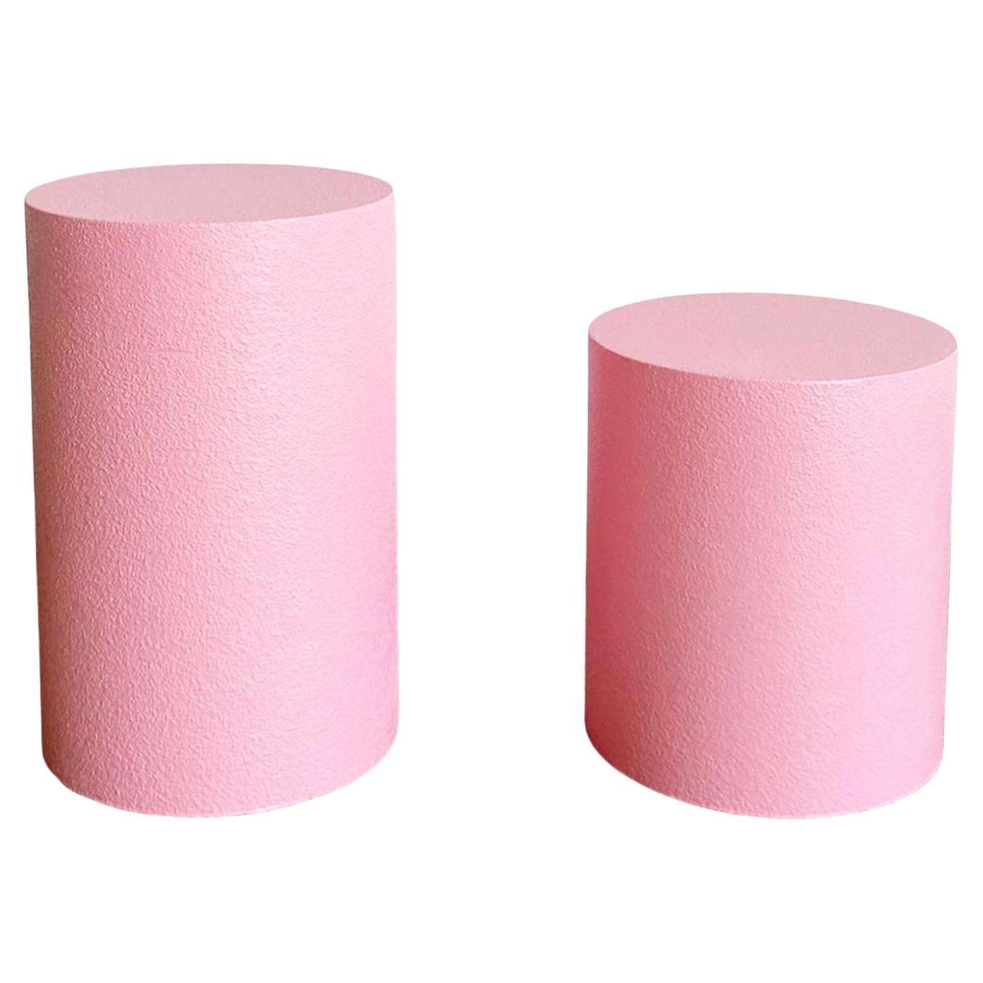 Postmodern Pink Textured Finish Cylindrical Pedestals - a Pair