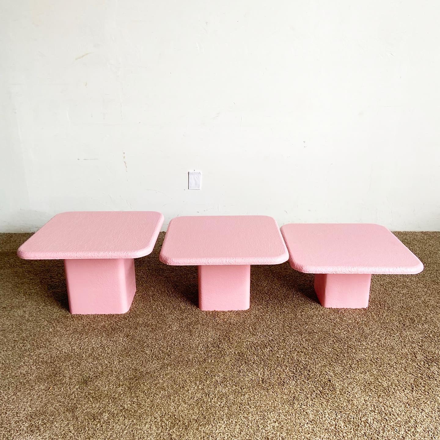 Post-Modern Postmodern Pink Textured Nesting Square Mushroom Tables – Set of 3