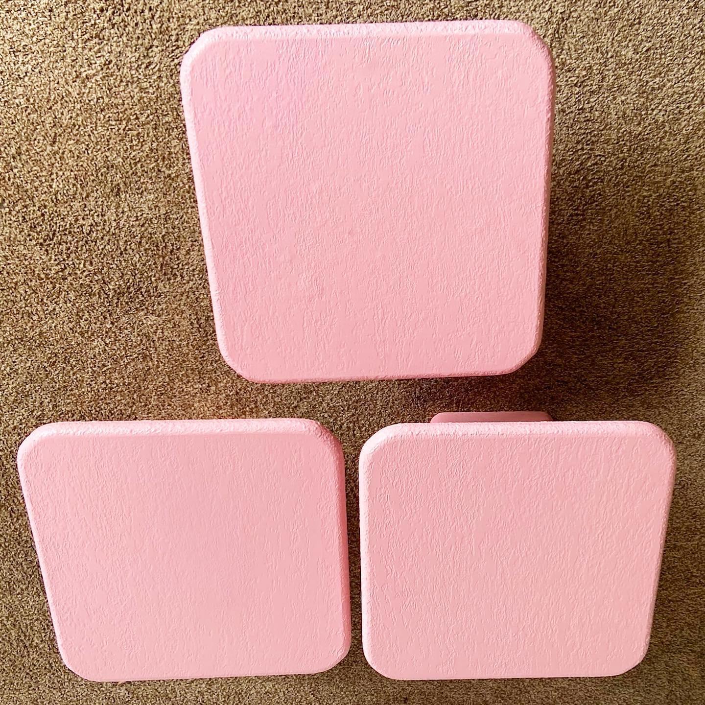 American Postmodern Pink Textured Nesting Square Mushroom Tables – Set of 3