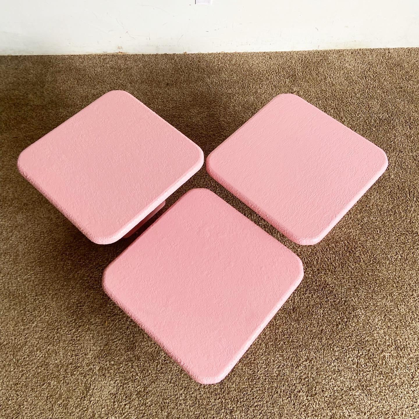 Late 20th Century Postmodern Pink Textured Nesting Square Mushroom Tables – Set of 3