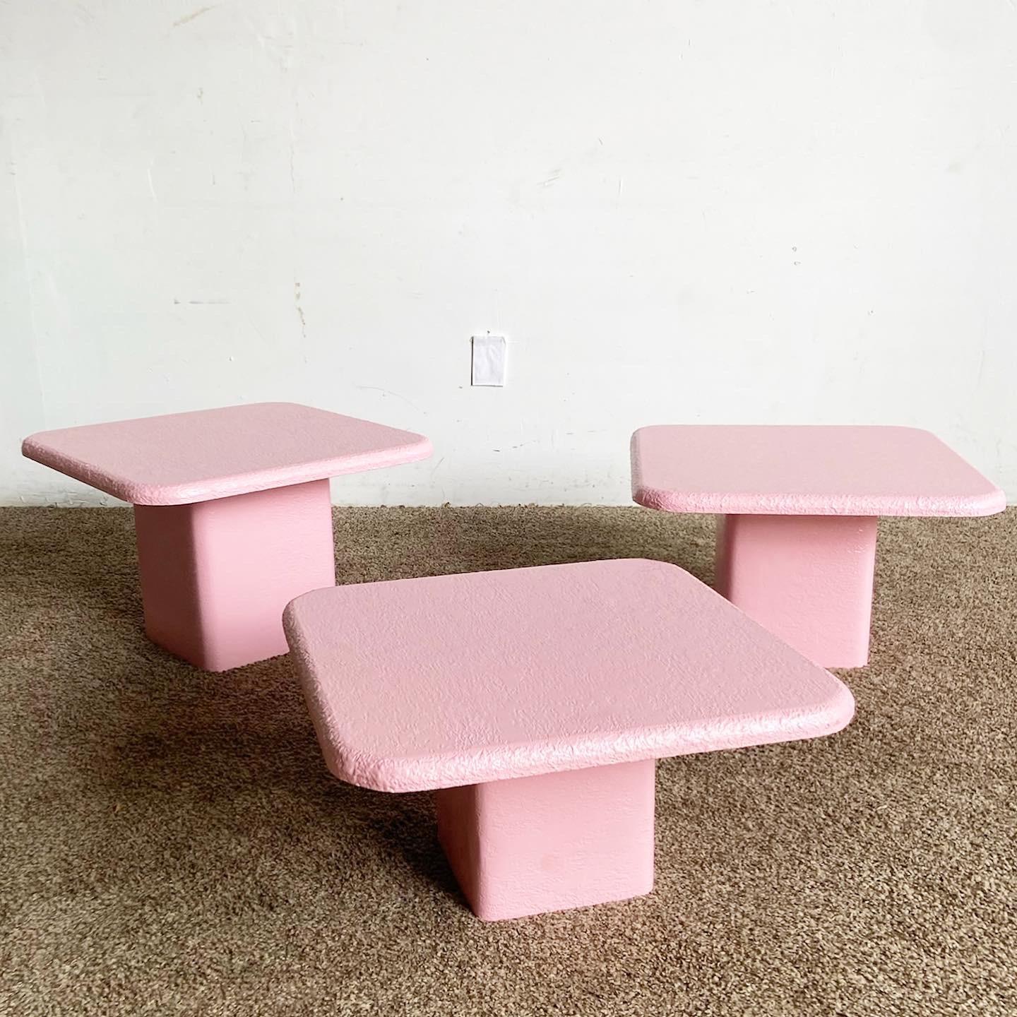 Postmodern Pink Textured Nesting Square Mushroom Tables – Set of 3 1