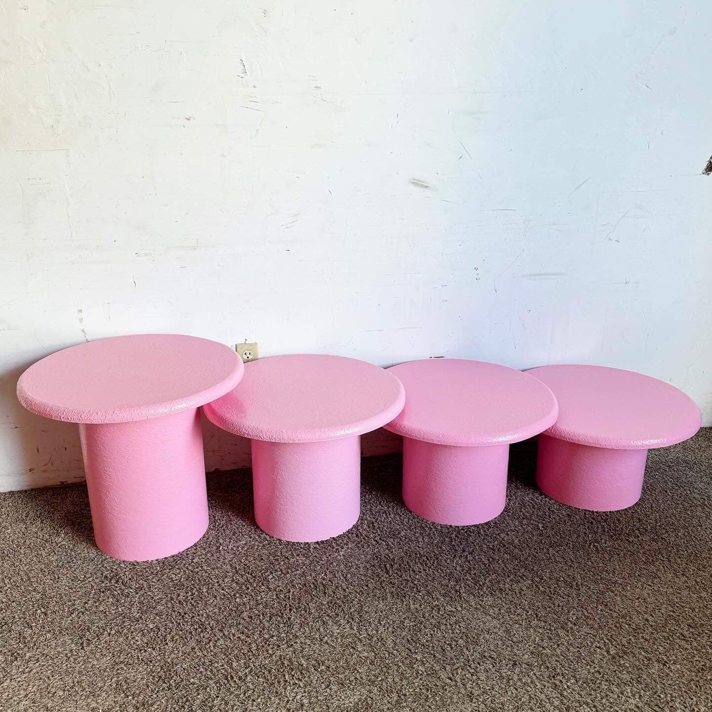 Postmodern Pink Textures Circular Mushroom Nesting Tables - Set of 4 For Sale 4