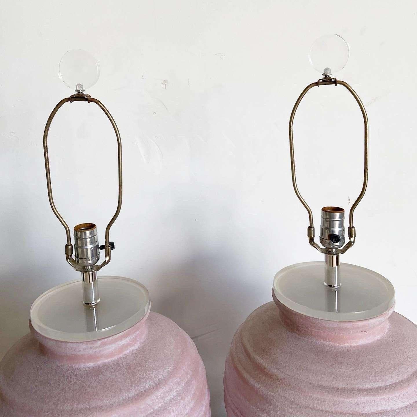 Postmodern Pink Washed Ceramic Lucite Table Lamps In Good Condition For Sale In Delray Beach, FL