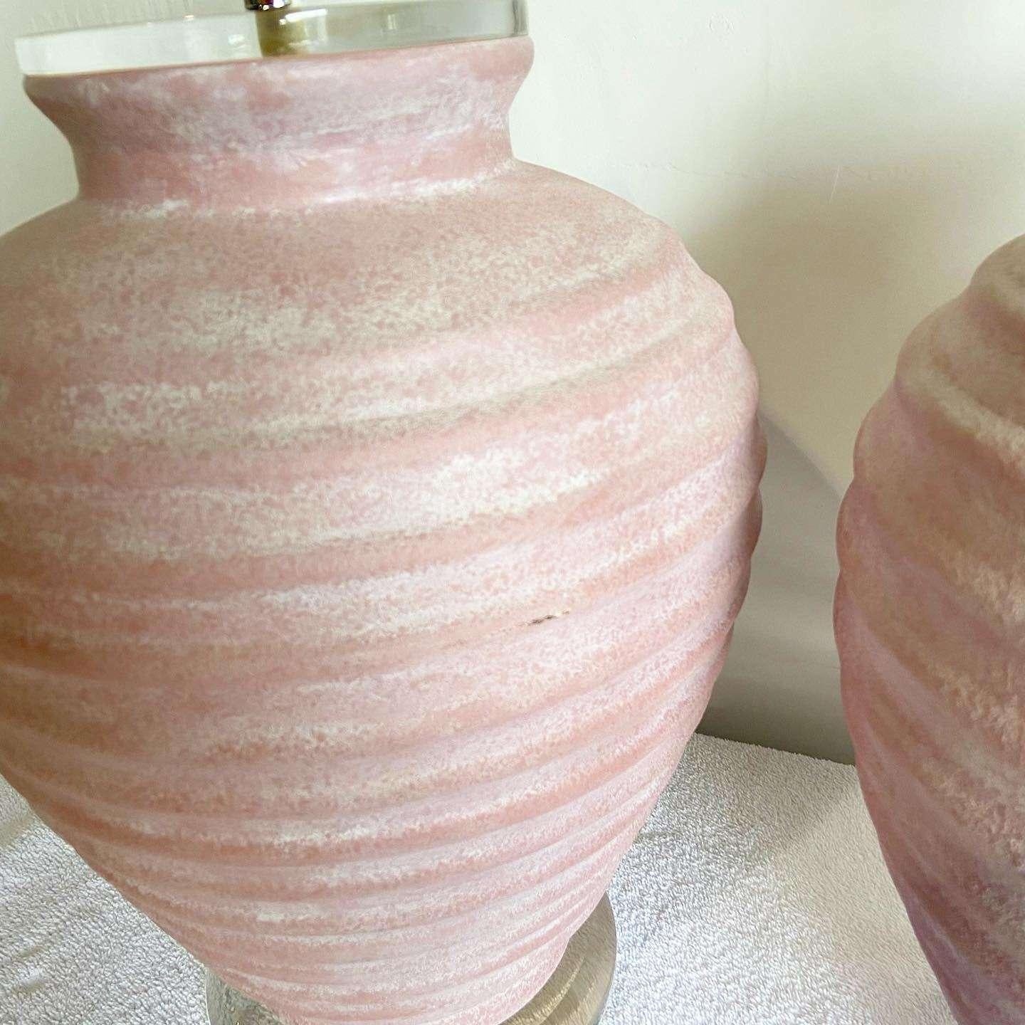 Late 20th Century Postmodern Pink Washed Ceramic Lucite Table Lamps For Sale