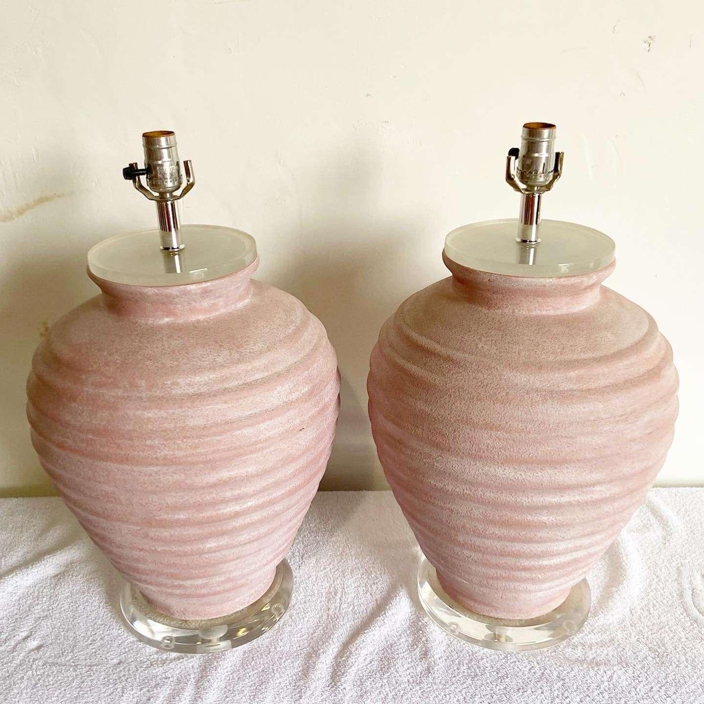 Postmodern Pink Washed Ceramic Lucite Table Lamps For Sale 1