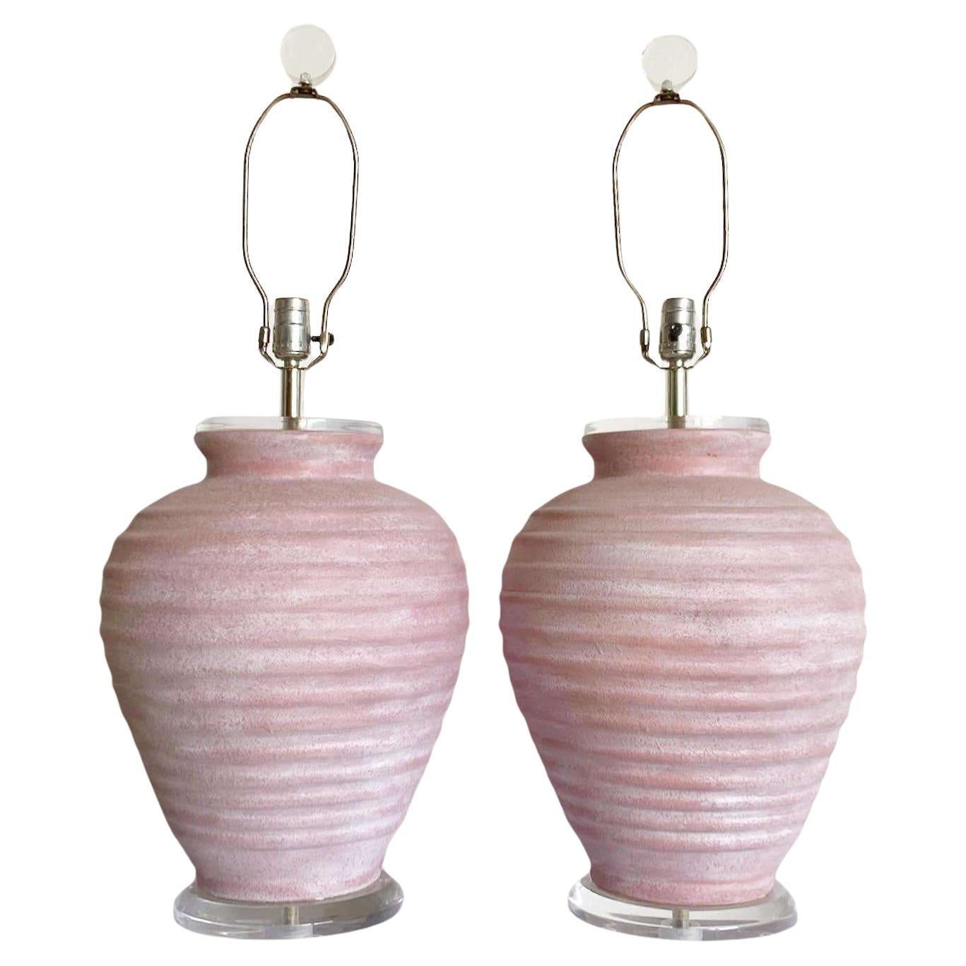 Postmodern Pink Washed Ceramic Lucite Table Lamps For Sale