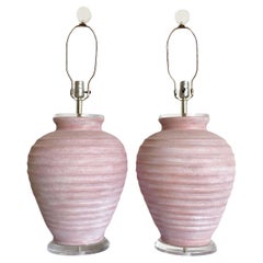 Postmodern Pink Washed Ceramic Lucite Table Lamps