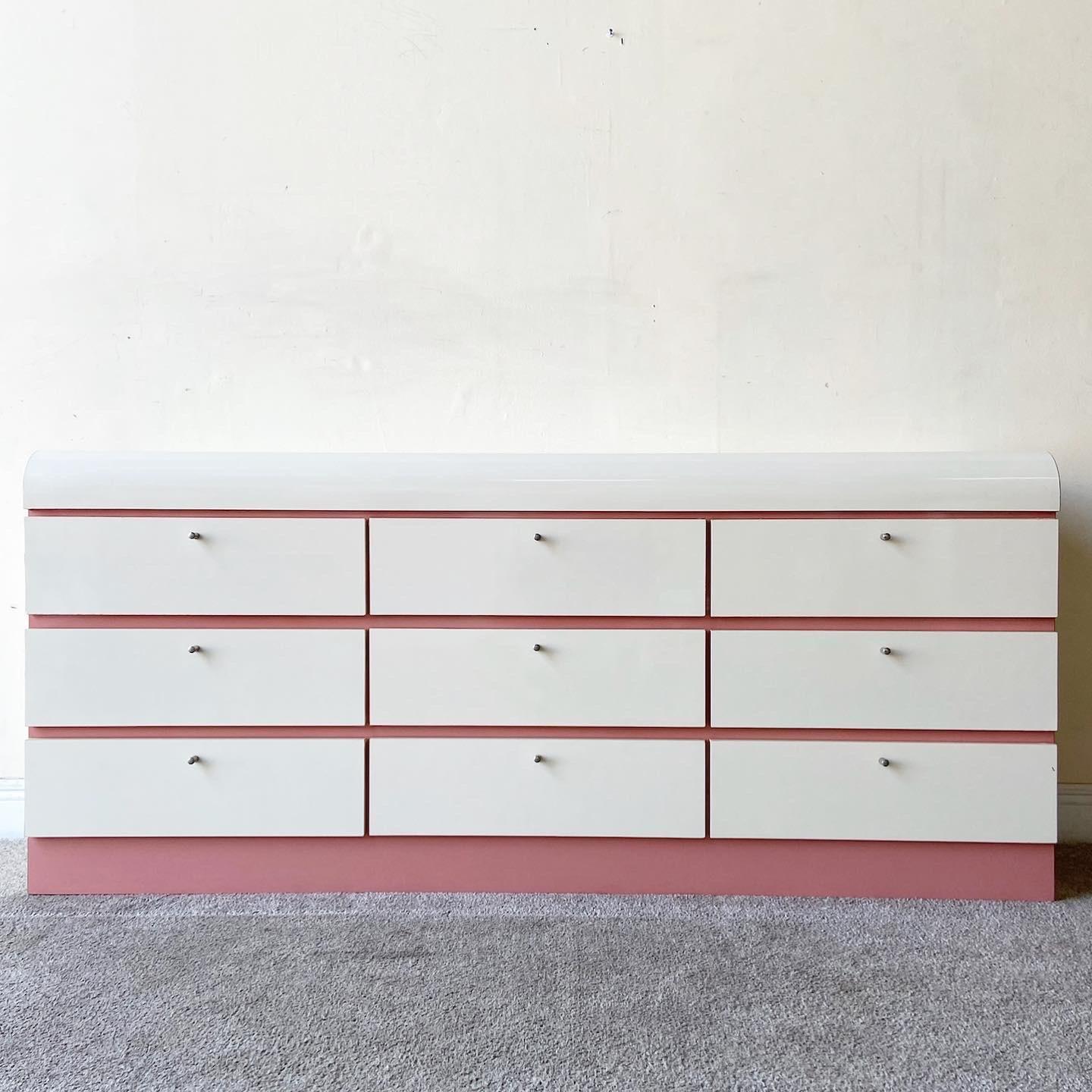 Postmodern Pink & White Lacquer Laminate Waterfall Lowboy Dresser, 9 Drawers 1