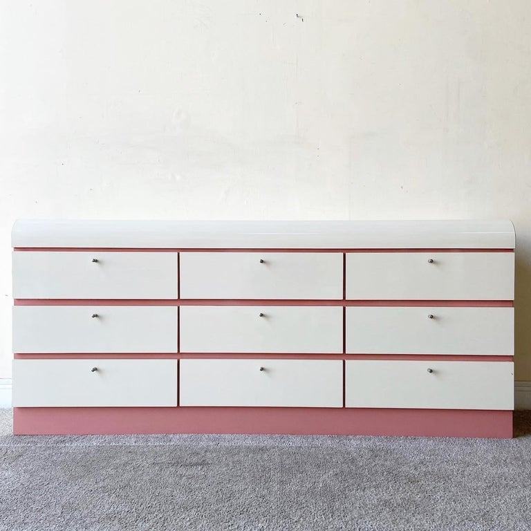 Postmodern Pink & White Lacquer Laminate Waterfall Lowboy Dresser, 9 Drawers For Sale 2