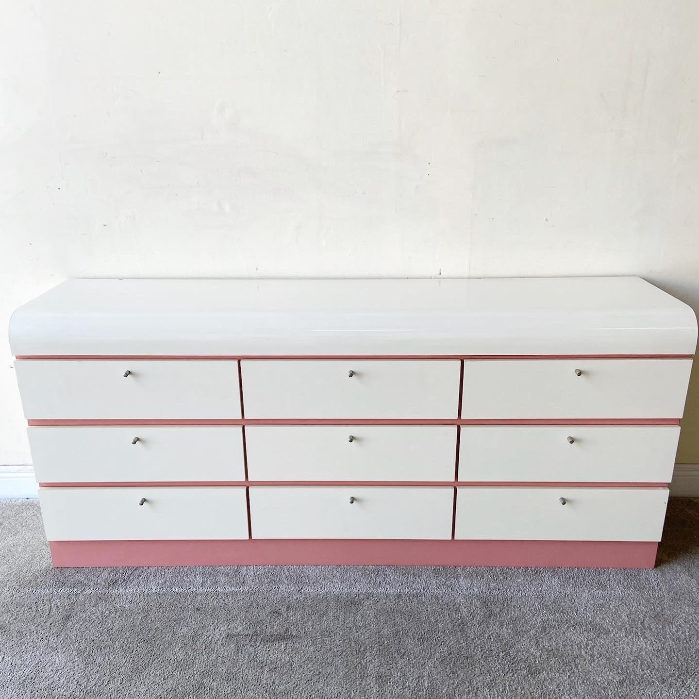 Postmodern Pink & White Lacquer Laminate Waterfall Lowboy Dresser, 9 Drawers 2