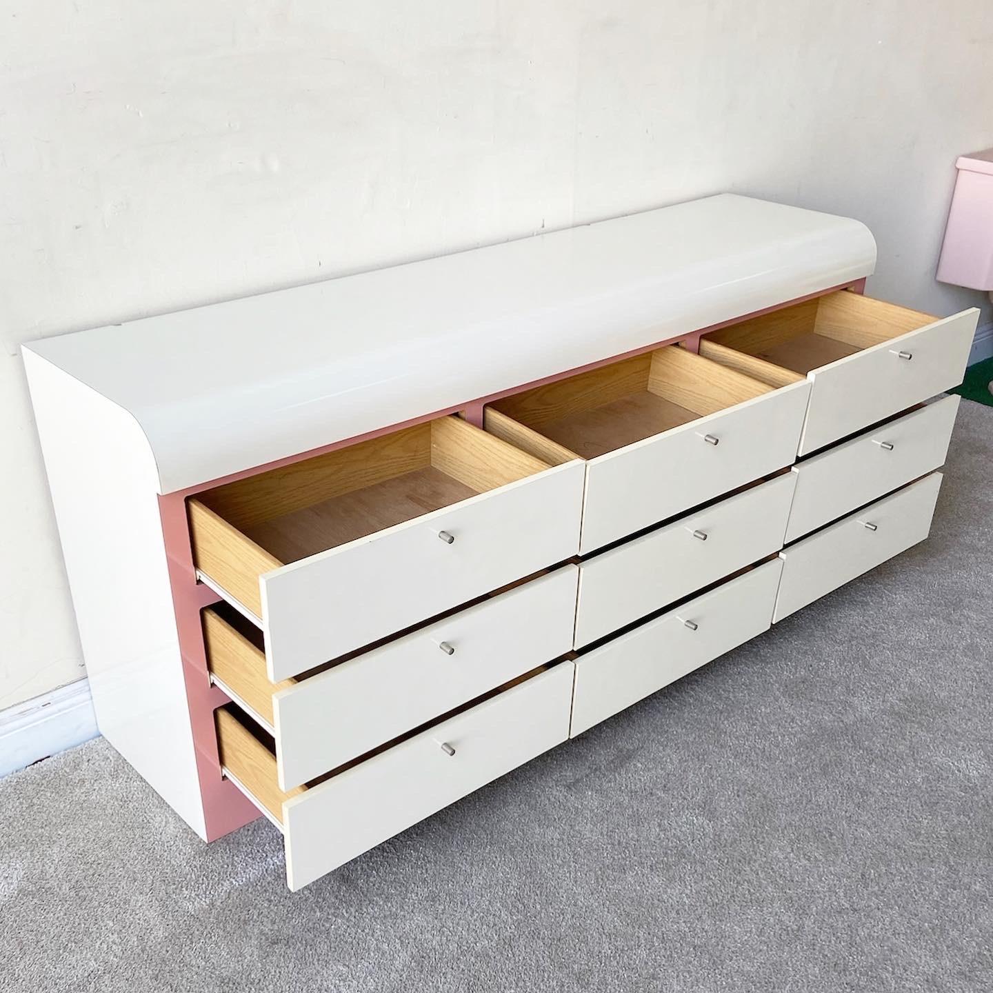 Postmodern Pink & White Lacquer Laminate Waterfall Lowboy Dresser, 9 Drawers 1
