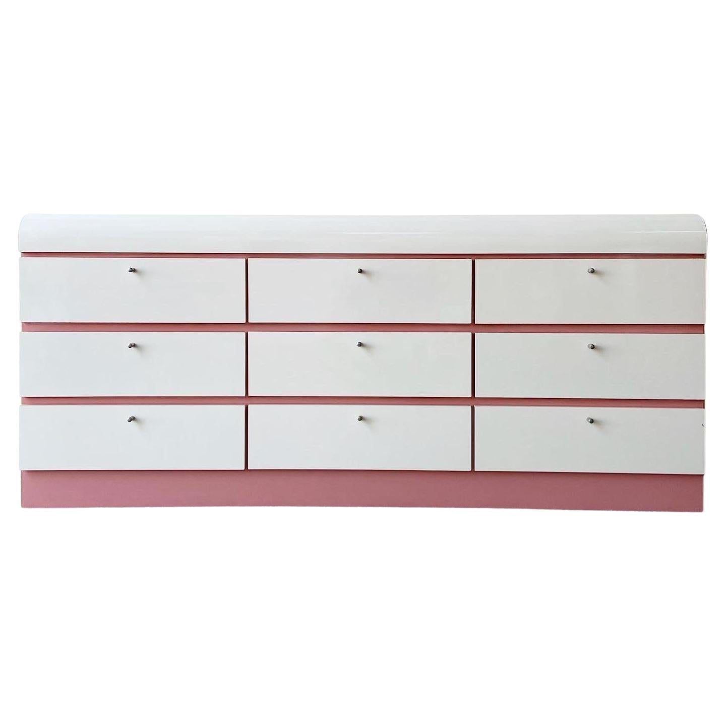 Postmodern Pink & White Lacquer Laminate Waterfall Lowboy Dresser, 9 Drawers