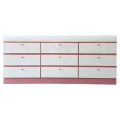 Postmodern Pink & White Lacquer Laminate Waterfall Lowboy Dresser, 9 Drawers