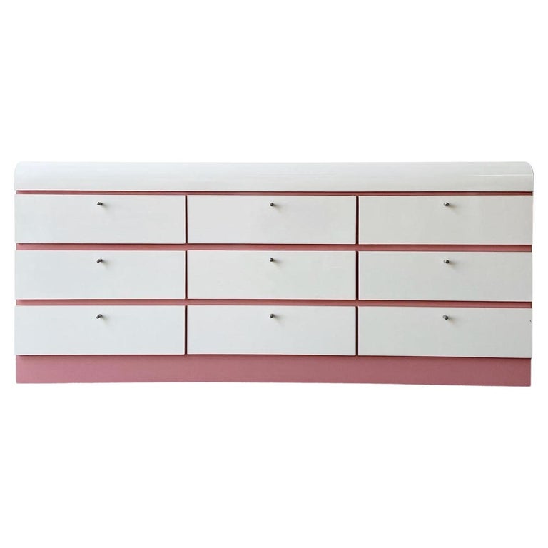 Postmodern Pink & White Lacquer Laminate Waterfall Lowboy Dresser, 9 Drawers For Sale