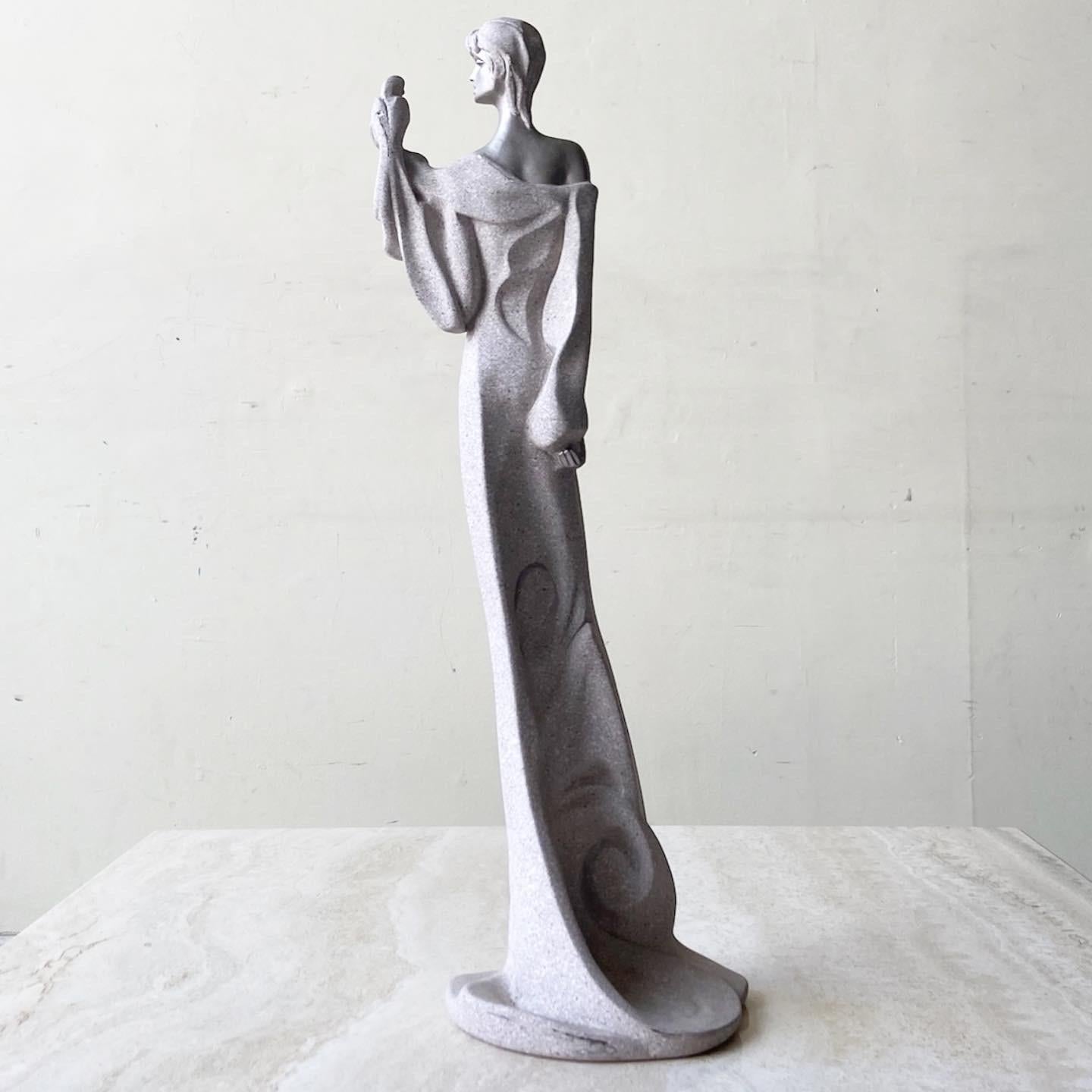Exceptional postmodern silver plaster sculpture. Displays a woman with her parrot.
   