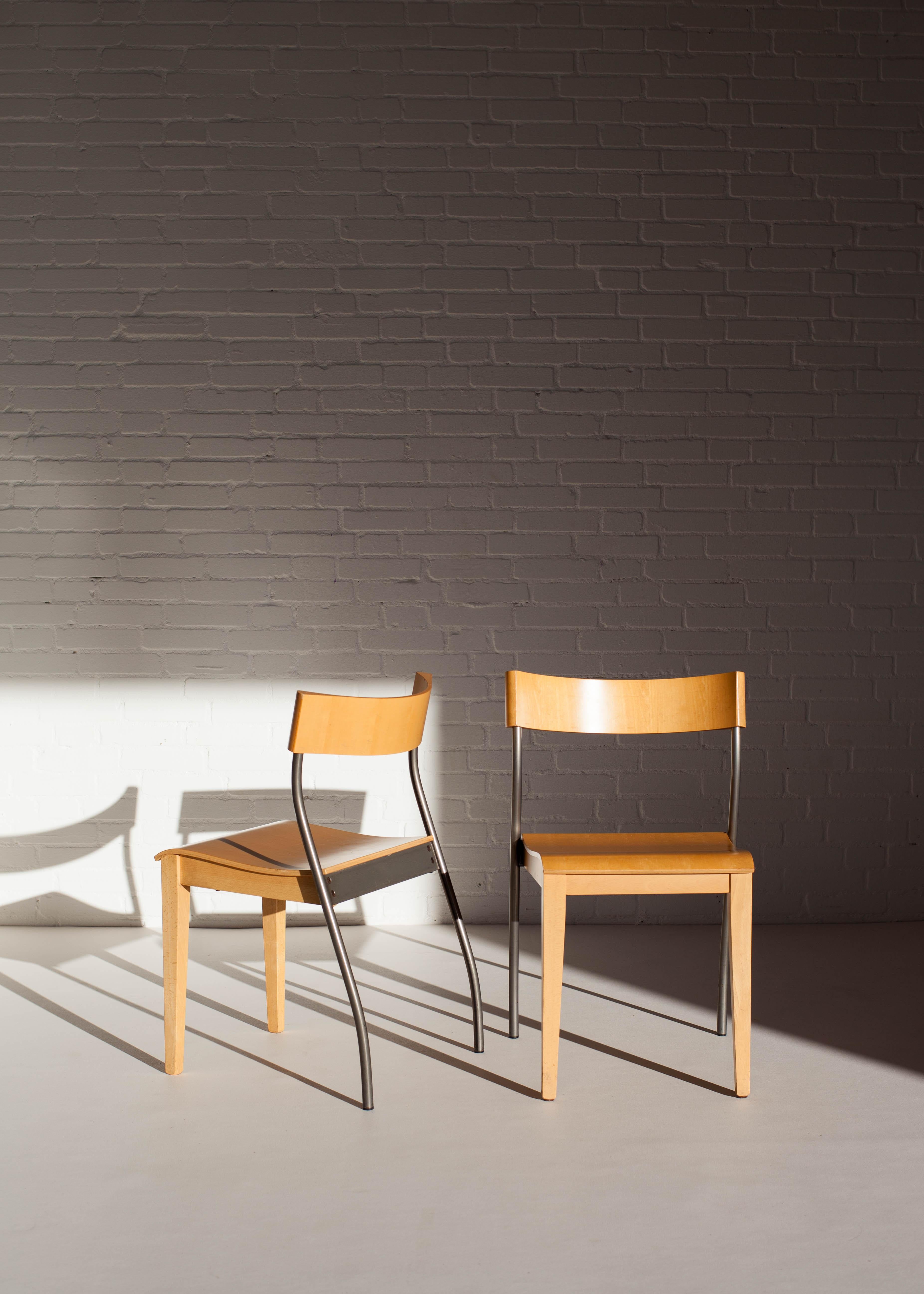These vintage postmodern chairs were designed for Ikea in the 1990s. Undeniably the designer must have been inspired by the Ligne Roset RIO dining chairs by Pascal and Olivier Mourgue. Both designs resonate in their rectangular use of wood and