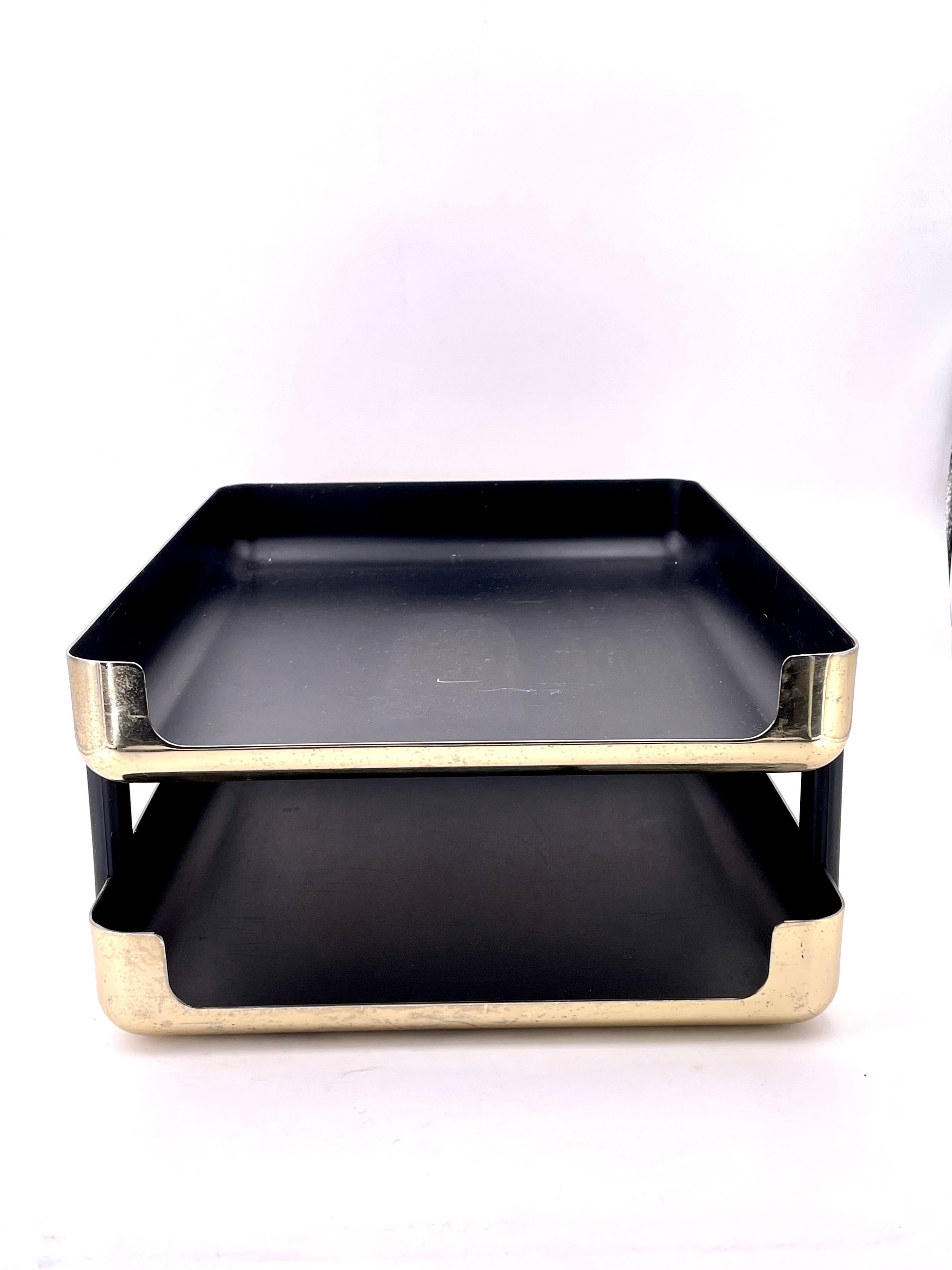 Double letter tray in polished brass finish with black enamel lining by emphasis 6000. Very nice accent to any executive's desk! California design.