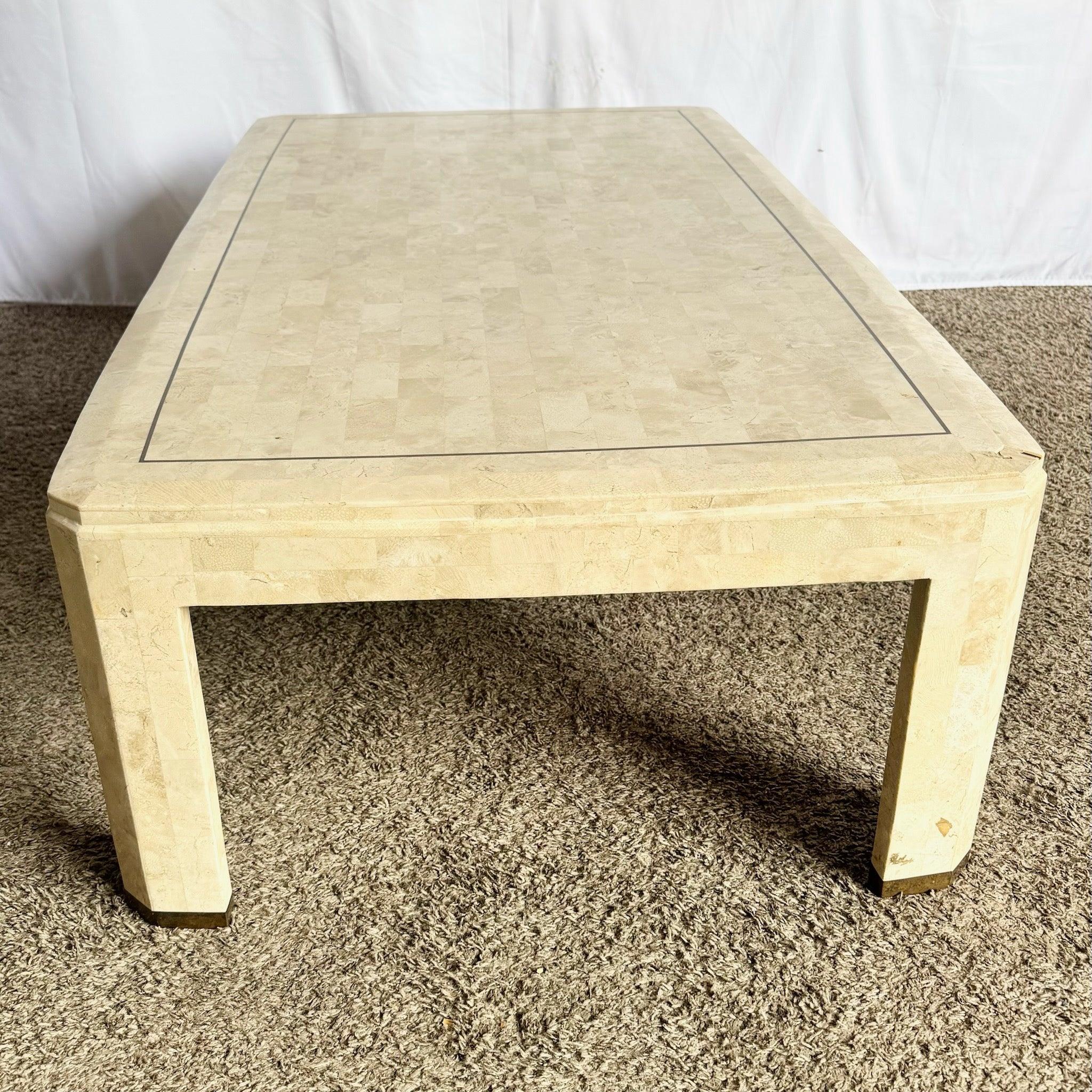 Philippine Postmodern Polished Tessellated Stone Coffee Table With Brass Inlay For Sale