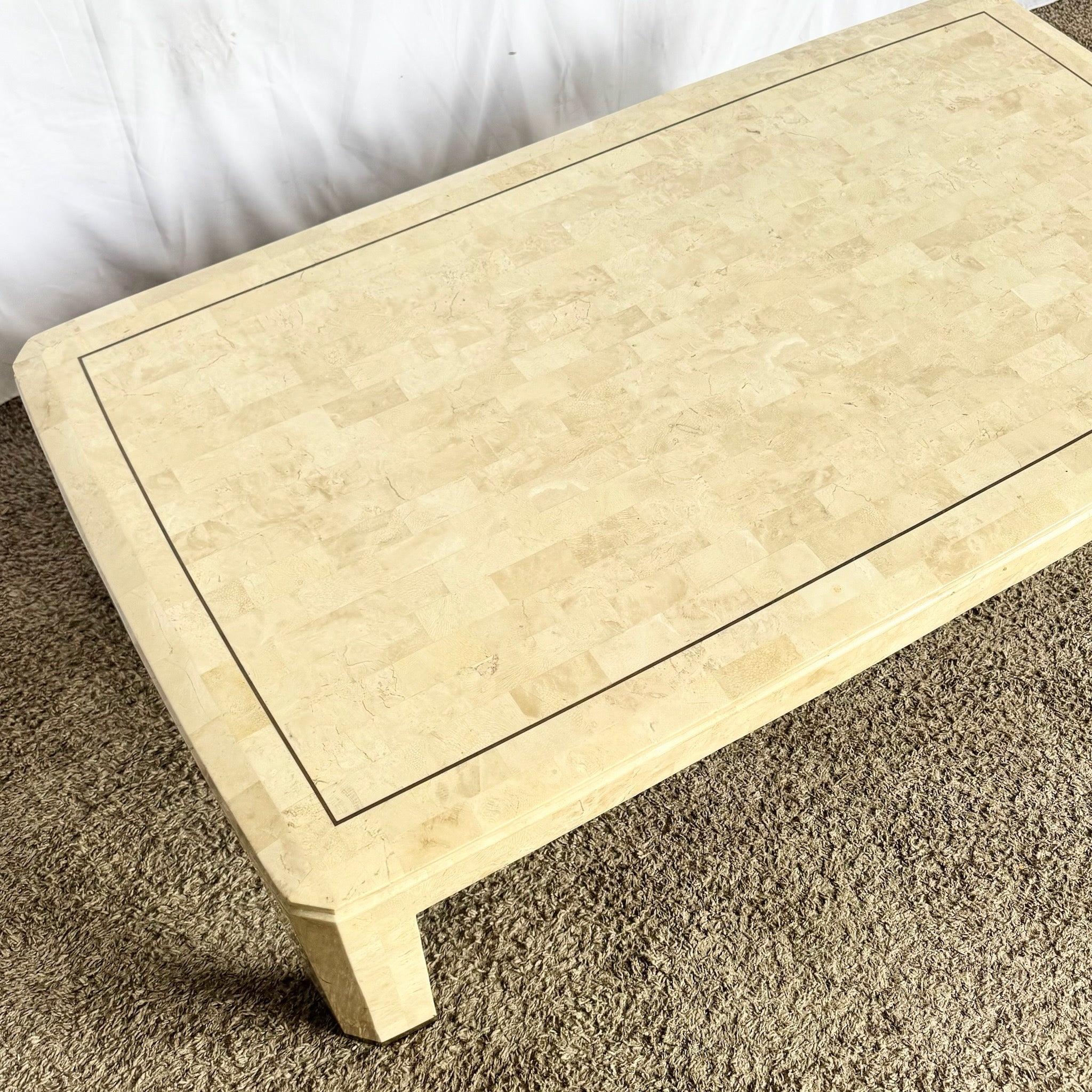 Postmodern Polished Tessellated Stone Coffee Table With Brass Inlay In Good Condition For Sale In Delray Beach, FL
