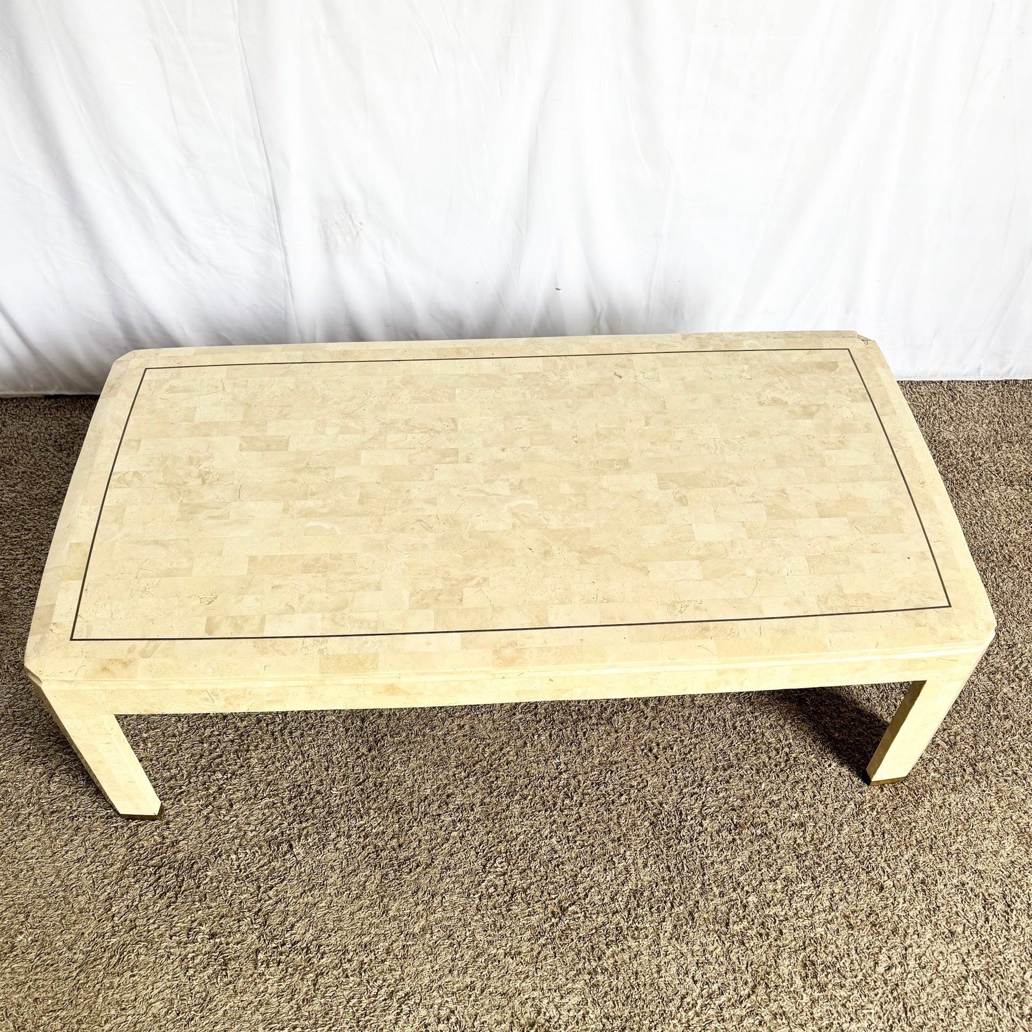 Late 20th Century Postmodern Polished Tessellated Stone Coffee Table With Brass Inlay For Sale