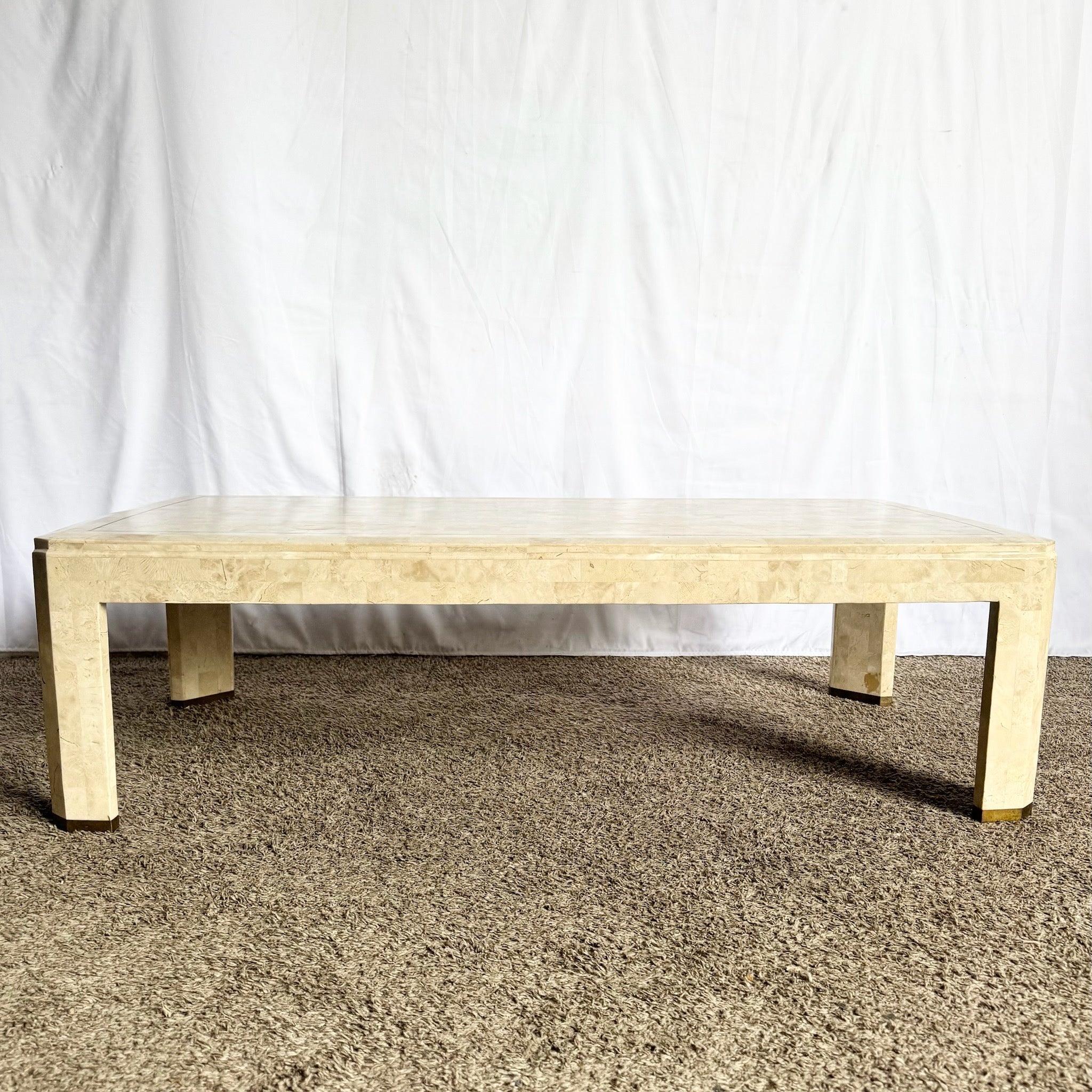 Postmodern Polished Tessellated Stone Coffee Table With Brass Inlay For Sale 1