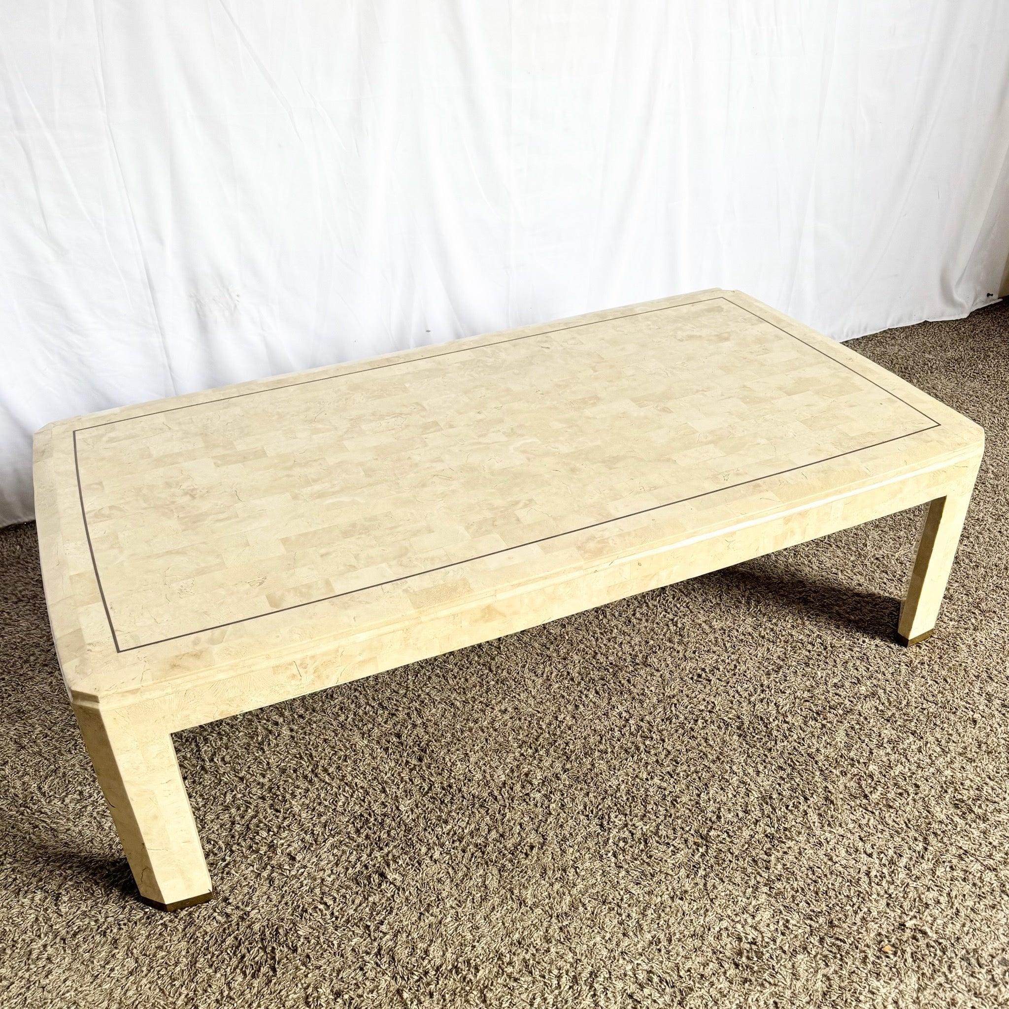 Postmodern Polished Tessellated Stone Coffee Table With Brass Inlay For Sale 2