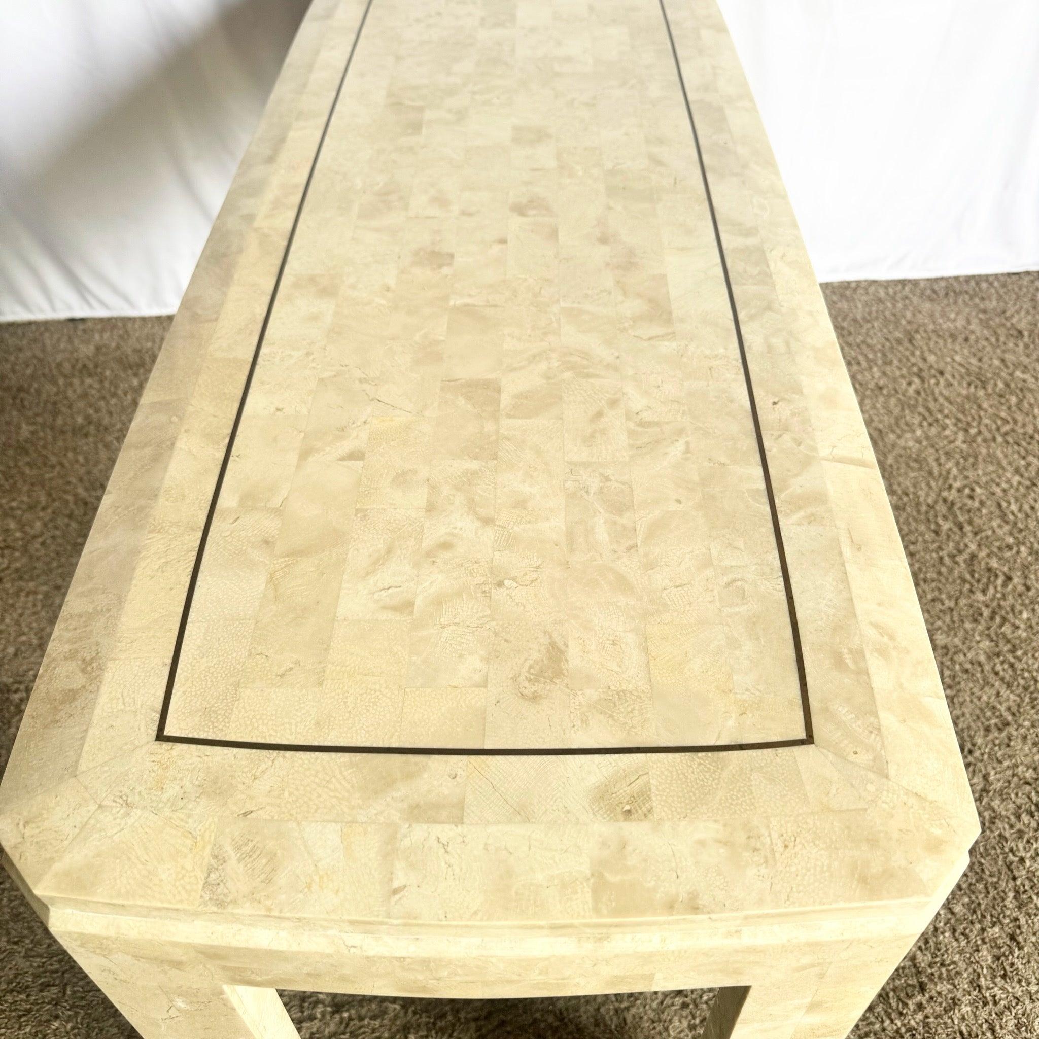 Fin du 20e siècle Table console postmoderne en pierre tessellée polie avec incrustation en laiton en vente