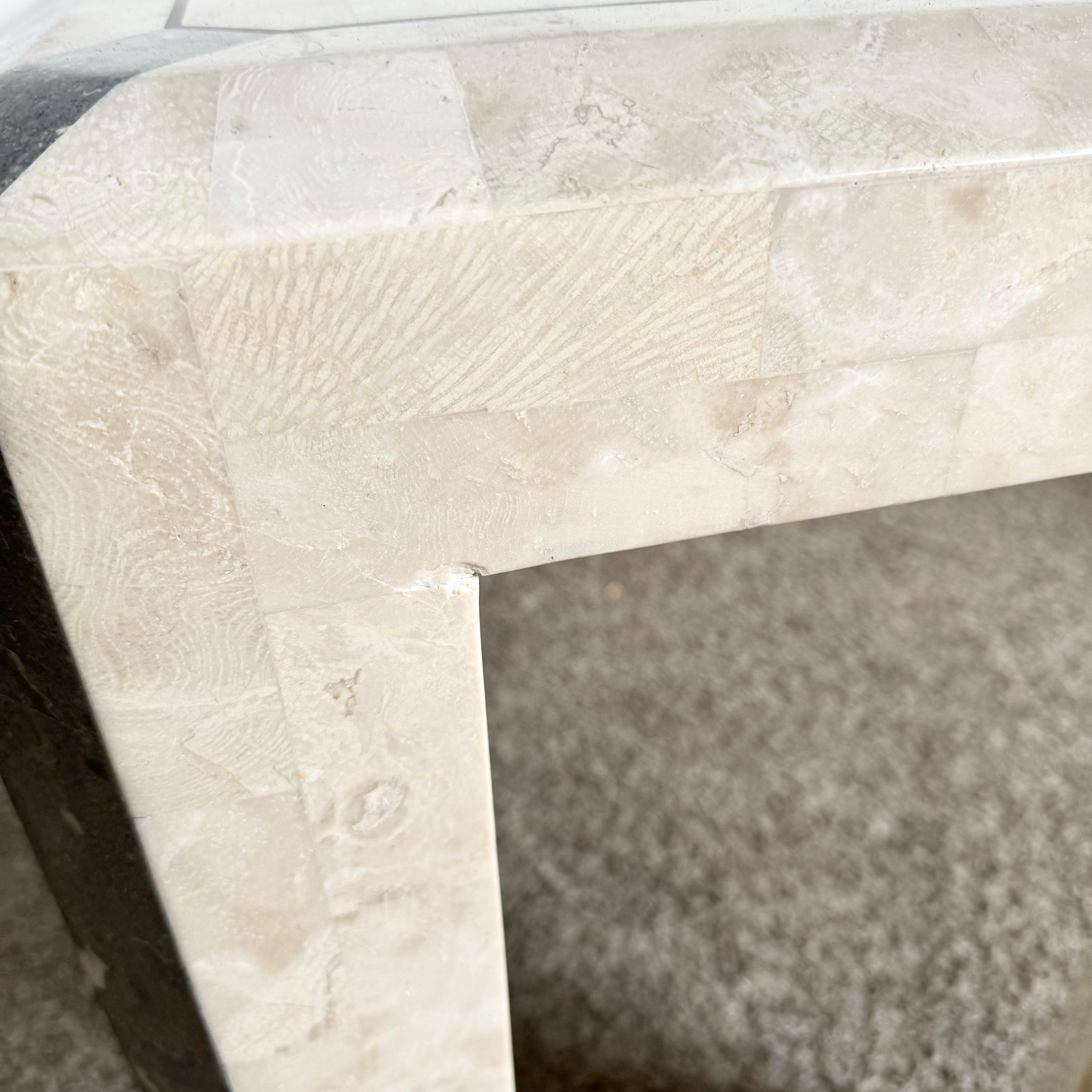 Postmodern Polished Tessellated Stone/Shell Console Table With Brass Inlay For Sale 5