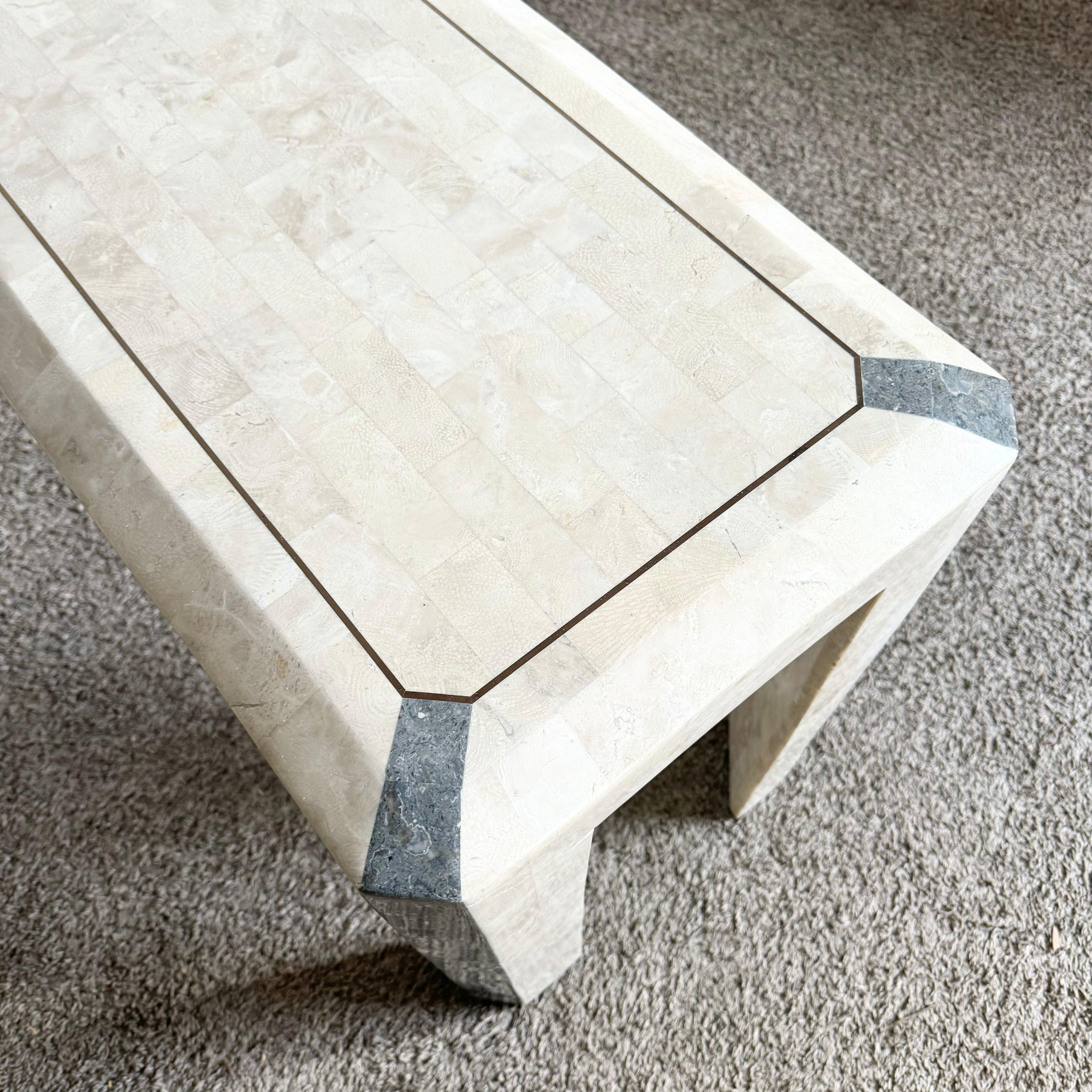 Postmodern Polished Tessellated Stone/Shell Console Table With Brass Inlay For Sale 6