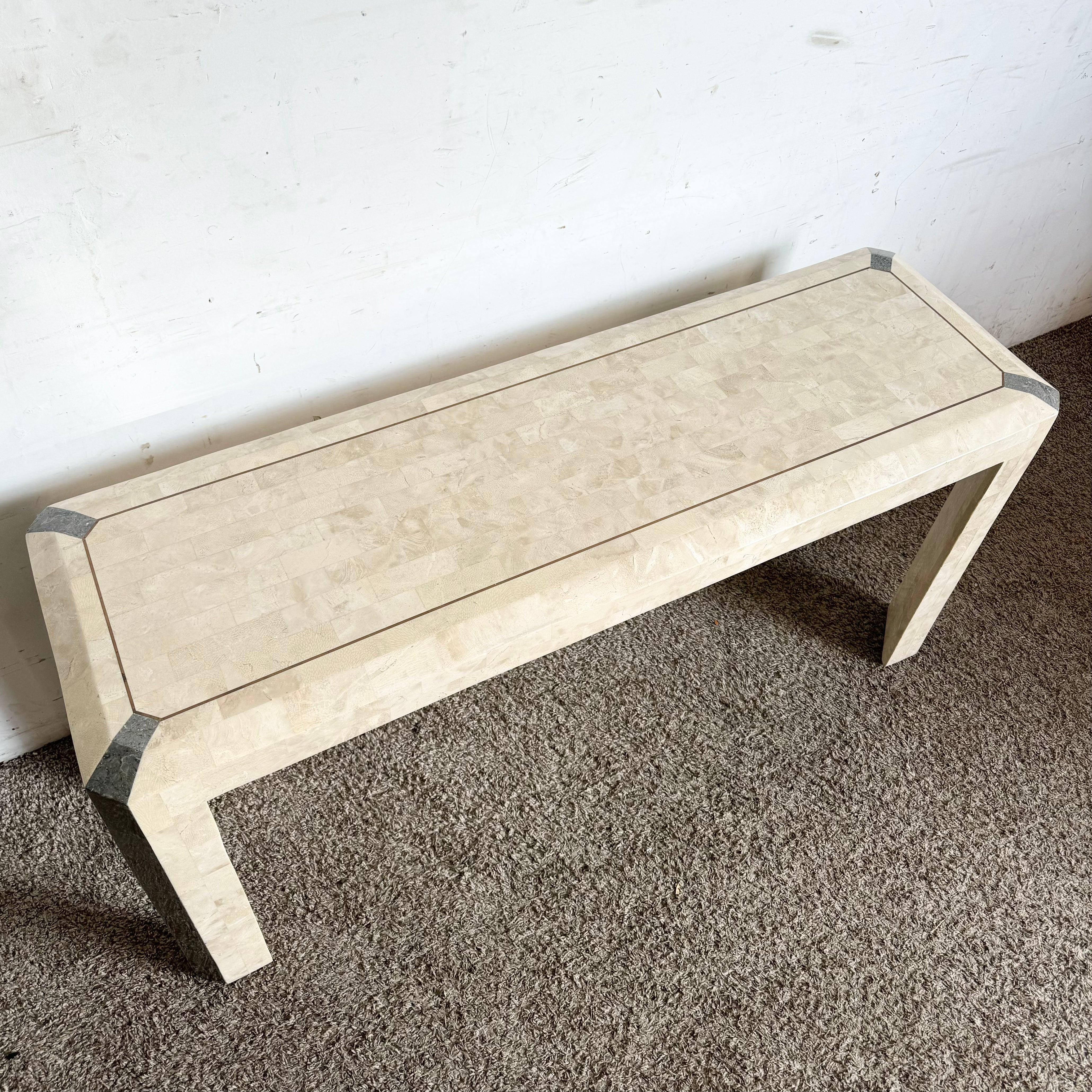 Philippine Postmodern Polished Tessellated Stone/Shell Console Table With Brass Inlay For Sale