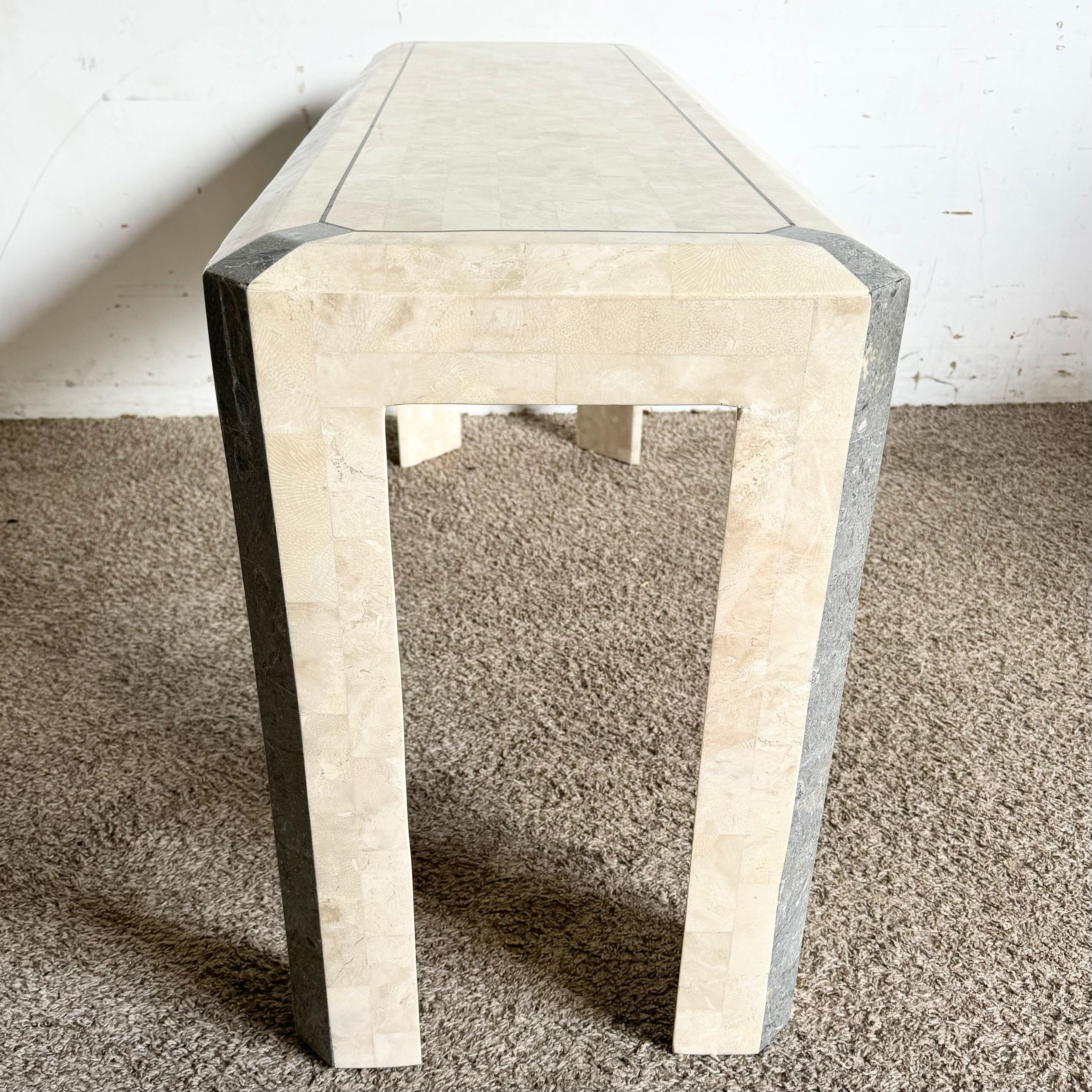 Postmodern Polished Tessellated Stone/Shell Console Table With Brass Inlay In Good Condition For Sale In Delray Beach, FL
