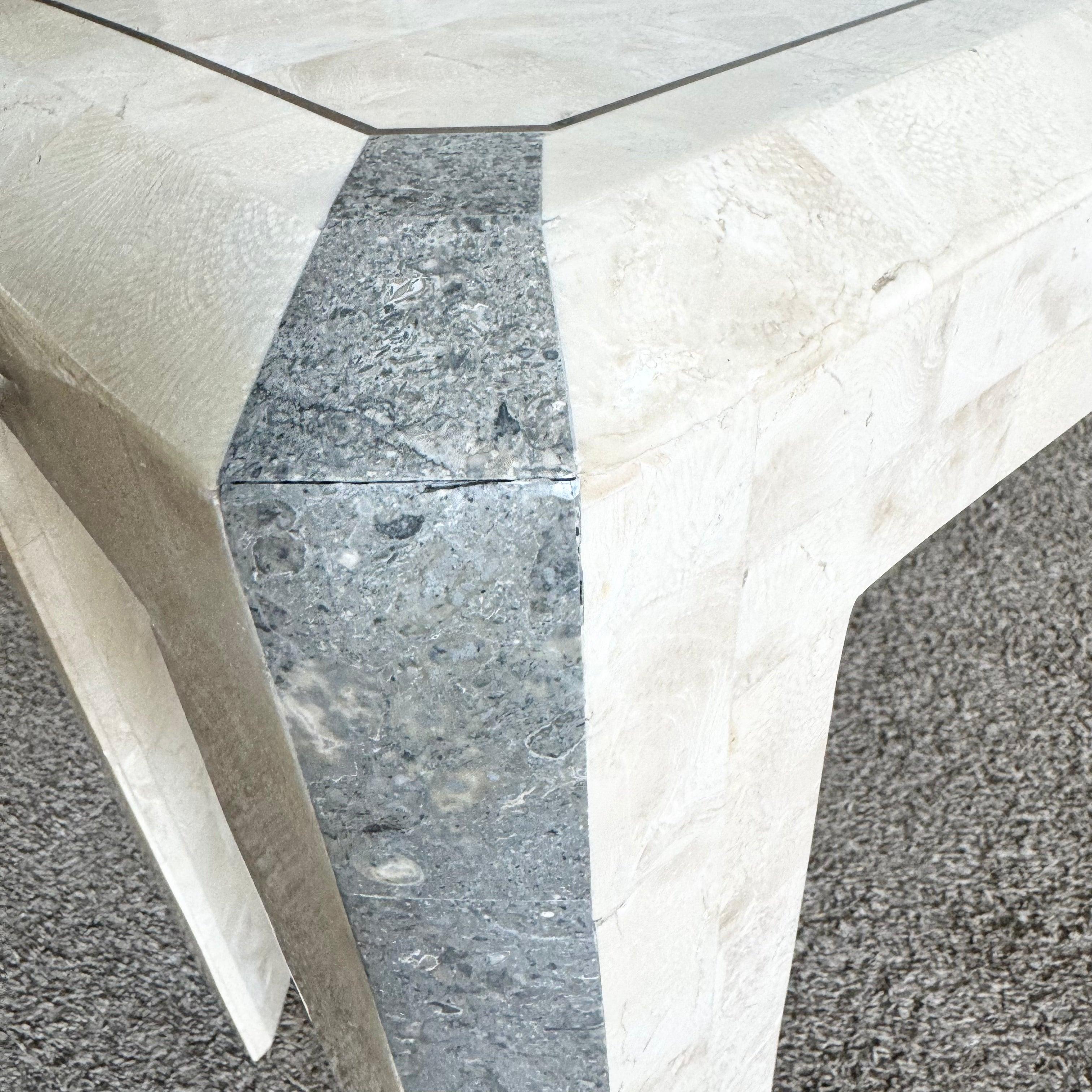 Late 20th Century Postmodern Polished Tessellated Stone/Shell Console Table With Brass Inlay For Sale