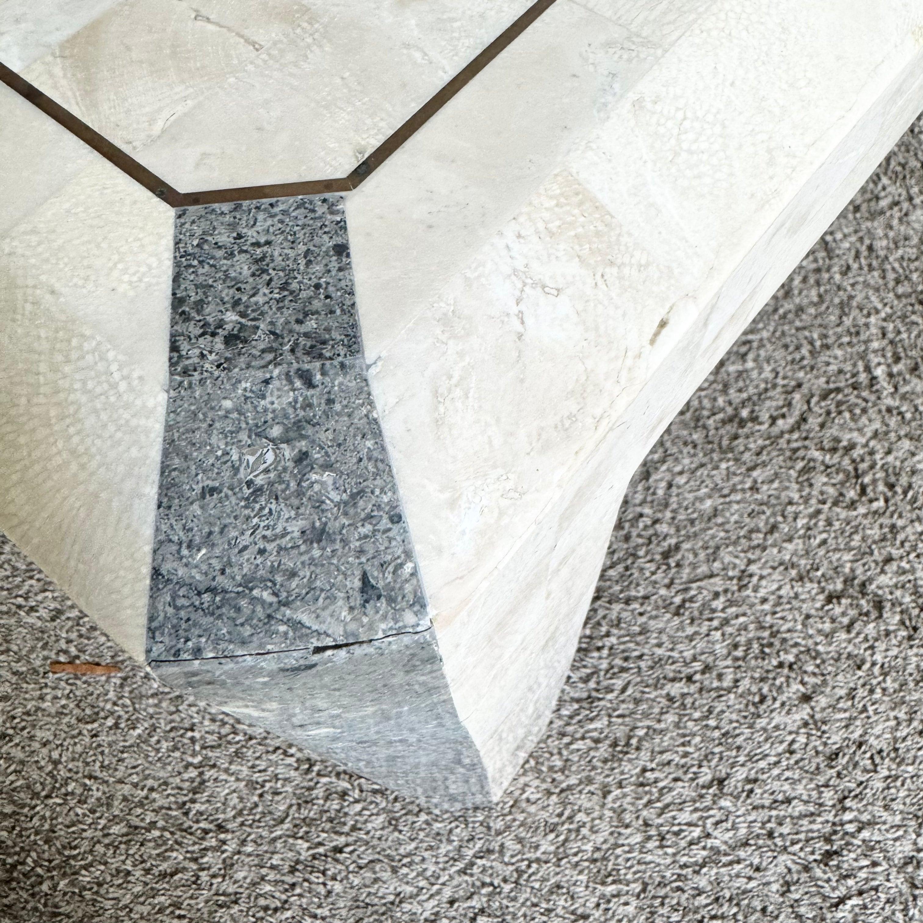 Postmodern Polished Tessellated Stone/Shell Console Table With Brass Inlay For Sale 2