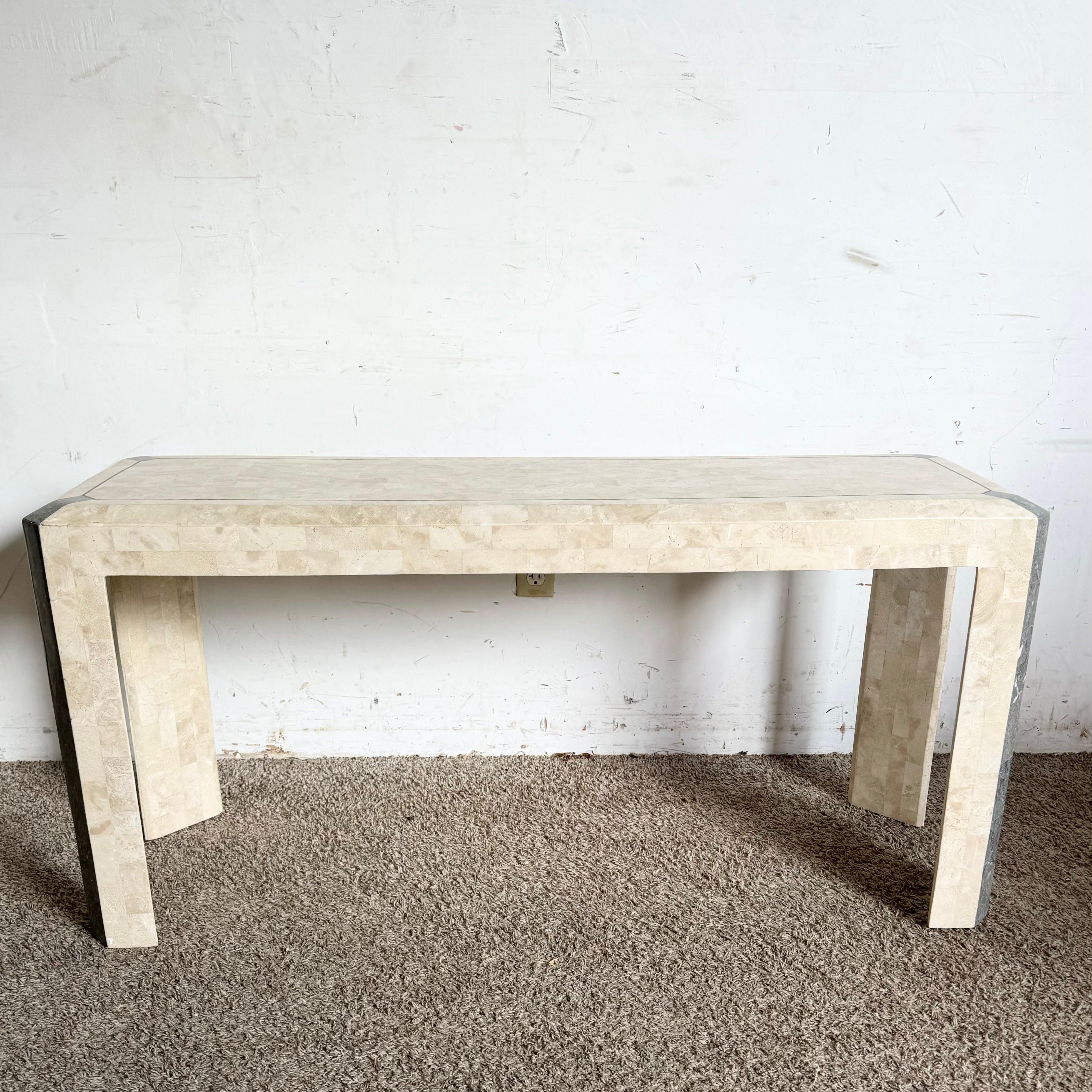 Postmodern Polished Tessellated Stone/Shell Console Table With Brass Inlay For Sale 3