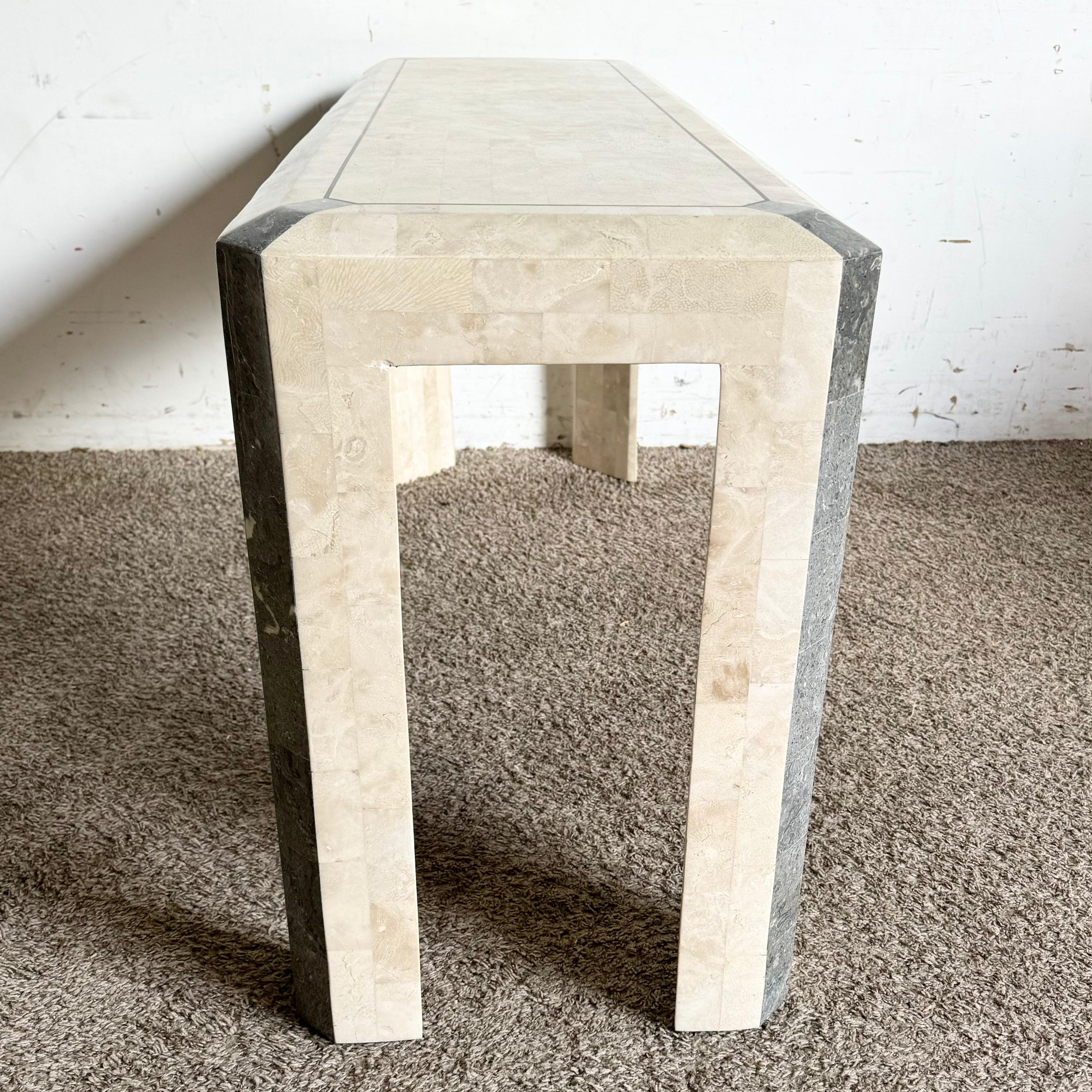 Postmodern Polished Tessellated Stone/Shell Console Table With Brass Inlay For Sale 4