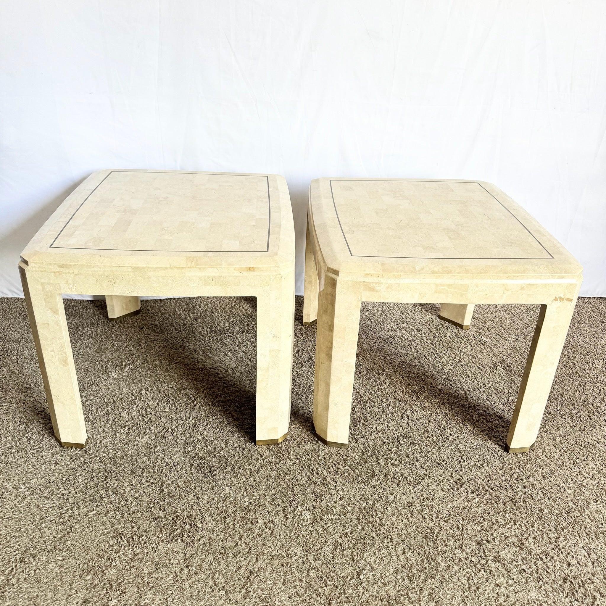 Postmodern Polished Tessellated Stone Side Tables With Brass Inlay - A Pair For Sale 5
