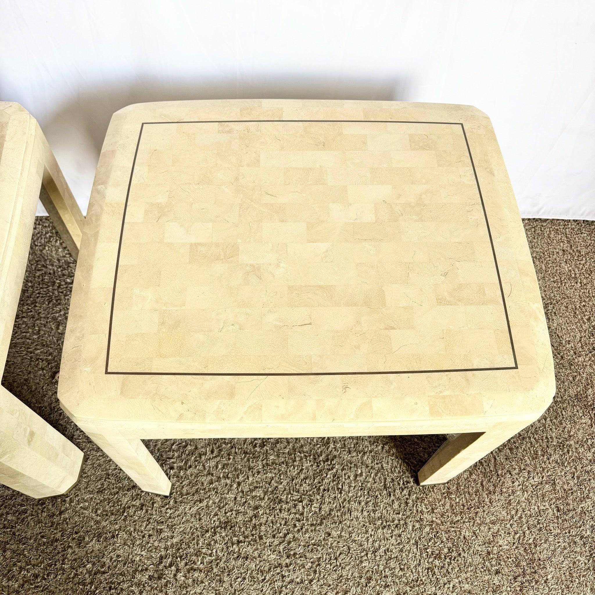 Philippine Postmodern Polished Tessellated Stone Side Tables With Brass Inlay - A Pair For Sale