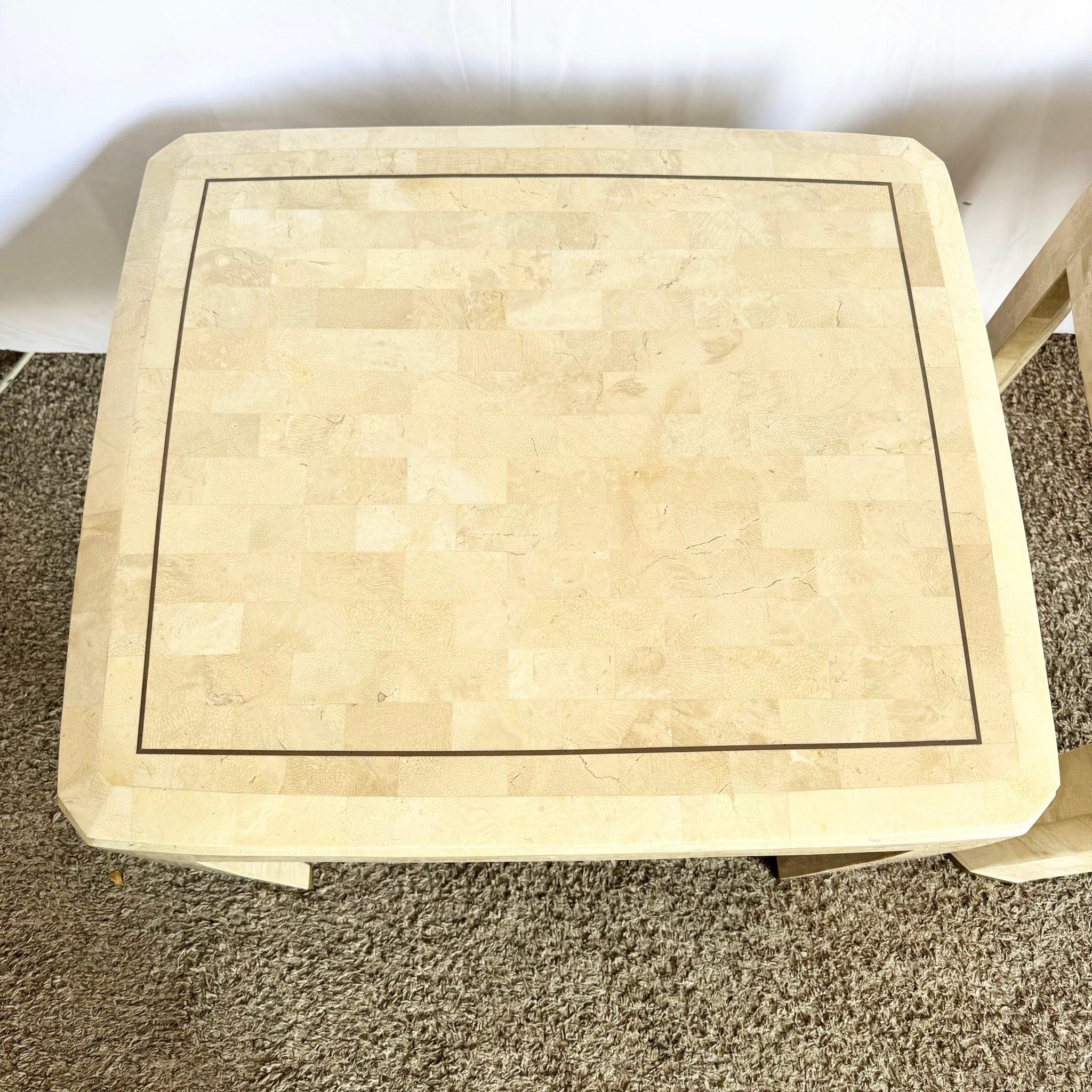 Postmodern Polished Tessellated Stone Side Tables With Brass Inlay - A Pair In Good Condition For Sale In Delray Beach, FL