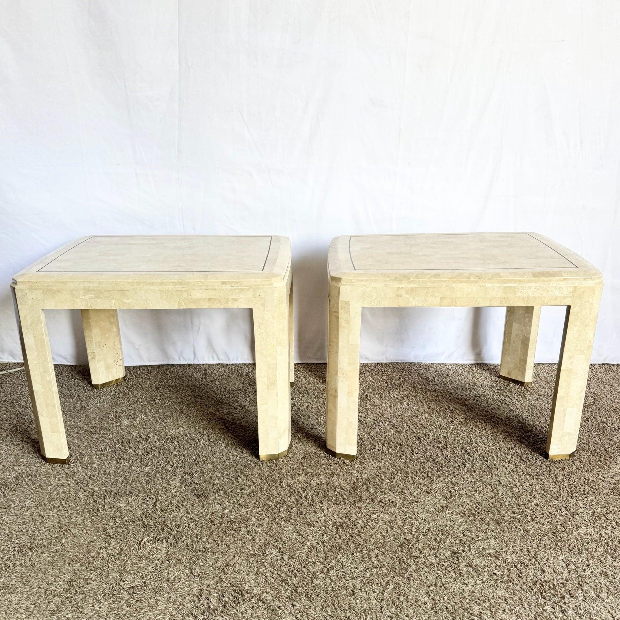 Postmodern Polished Tessellated Stone Side Tables With Brass Inlay - A Pair For Sale 1