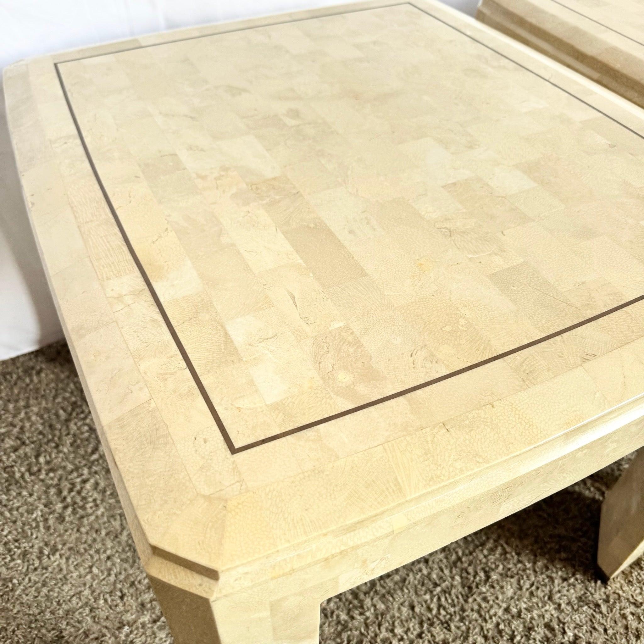 Postmodern Polished Tessellated Stone Side Tables With Brass Inlay - A Pair For Sale 4