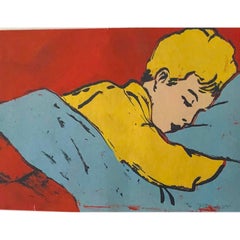 Vintage Postmodern Pop Art “Boy Sleeping" Screen Painting by David Bromley, 1990s Aussie