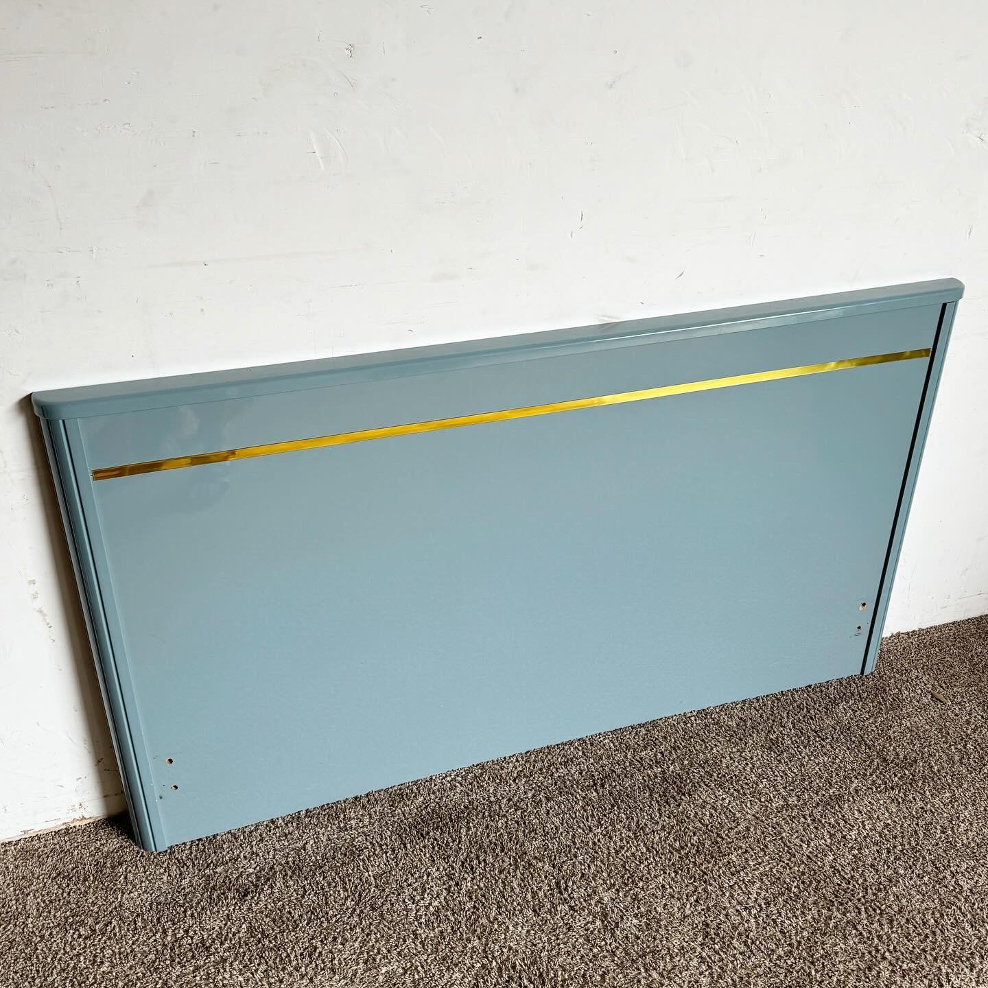 Postmodern Italian Baby Blue Lacquered Queen Headboard With Gold Accent For Sale 2