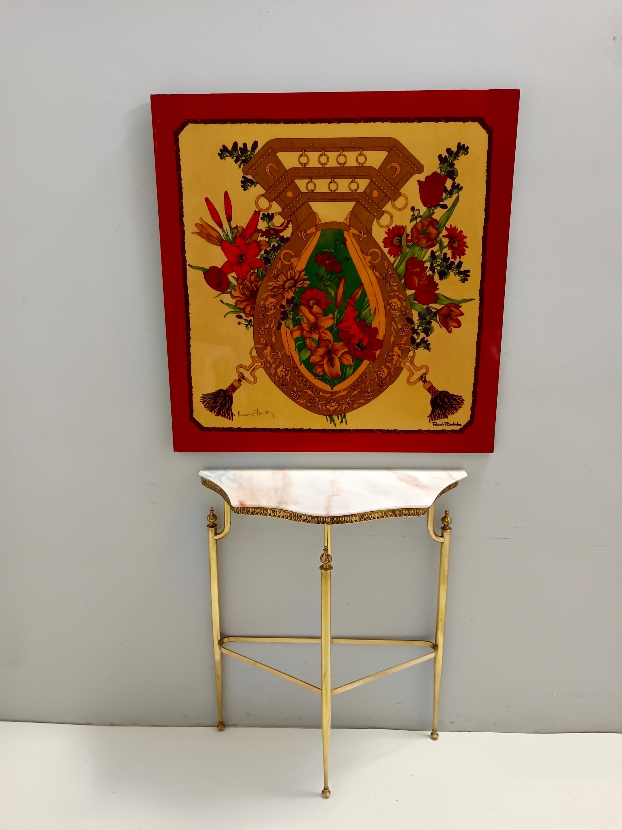 Fabriqué en Italie, années 1980. 
Il s'agit d'un panneau décoratif provenant d'un atelier de mode datant des années 80. Il s'agit d'une impression sur bois, recouverte d'un film polyester brillant portant la signature de Renato BALESTRA, un très