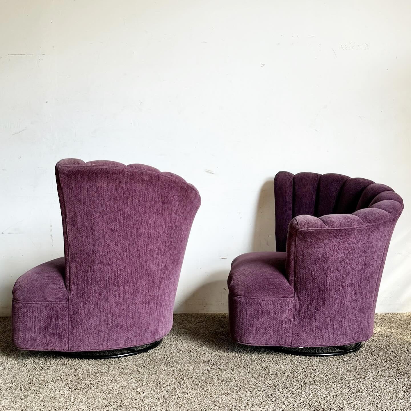 Fabric Postmodern Purple Ascending Clam Shell Back Swivel Chairs - a Pair For Sale