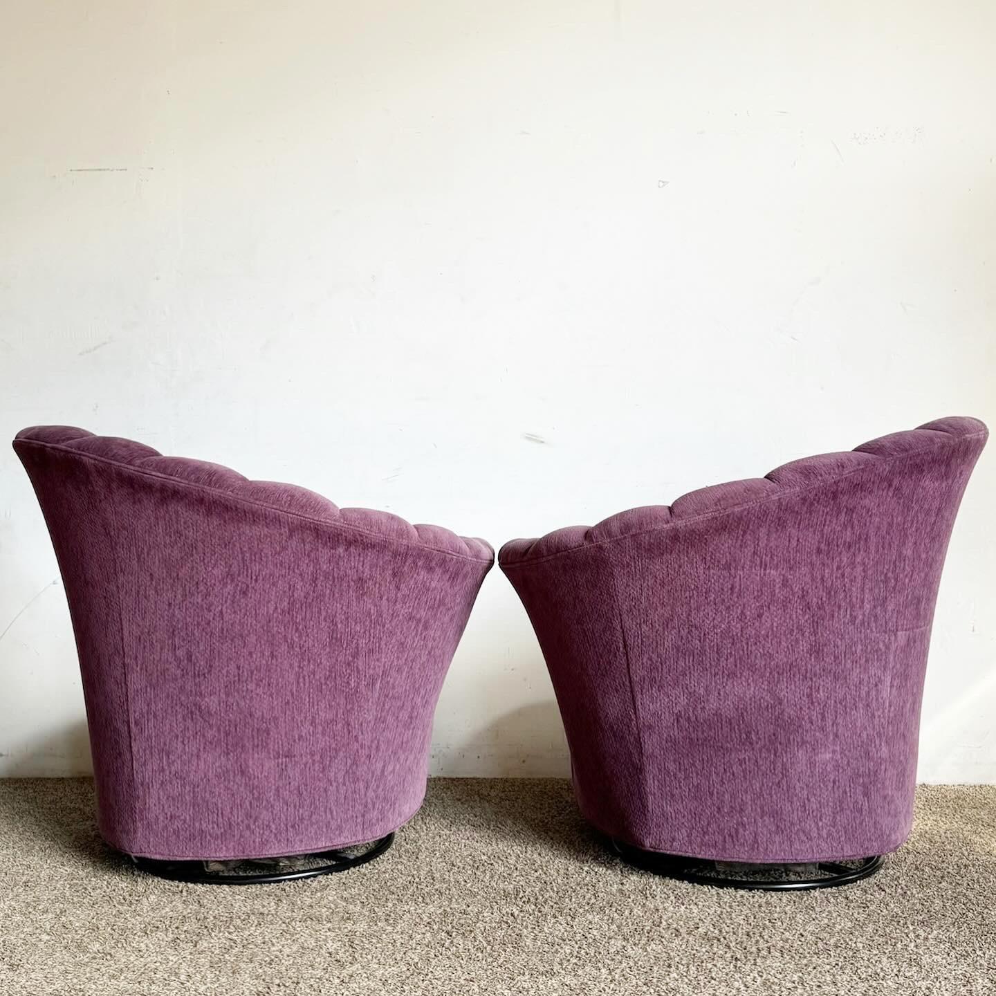 Postmodern Purple Ascending Clam Shell Back Swivel Chairs - a Pair For Sale 1