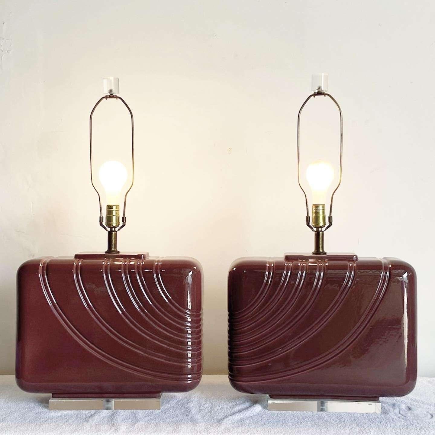 American Postmodern Purple Ceramic and Lucite Oversized Table Lamp - a Pair For Sale