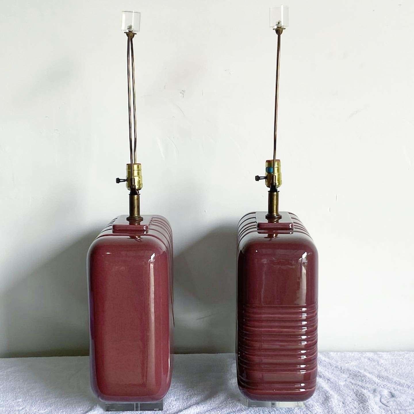 Postmodern Purple Ceramic and Lucite Oversized Table Lamp - a Pair In Good Condition For Sale In Delray Beach, FL