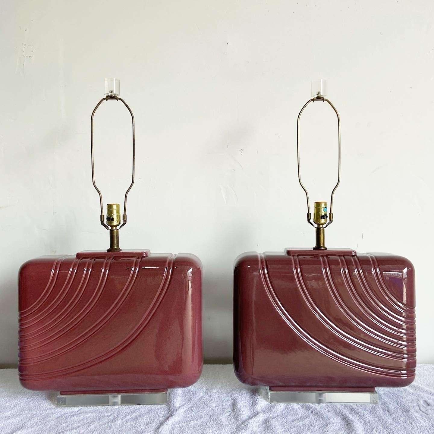 Late 20th Century Postmodern Purple Ceramic and Lucite Oversized Table Lamp - a Pair For Sale