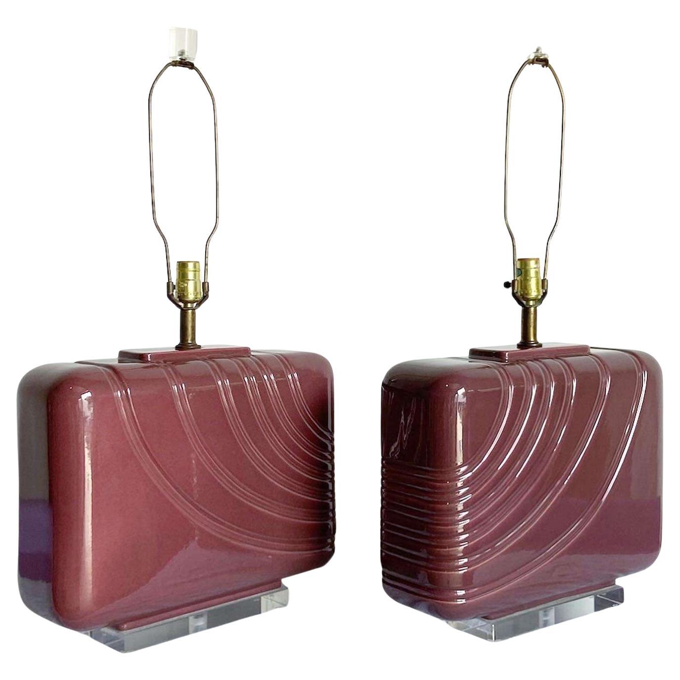 Postmodern Purple Ceramic and Lucite Oversized Table Lamp - a Pair